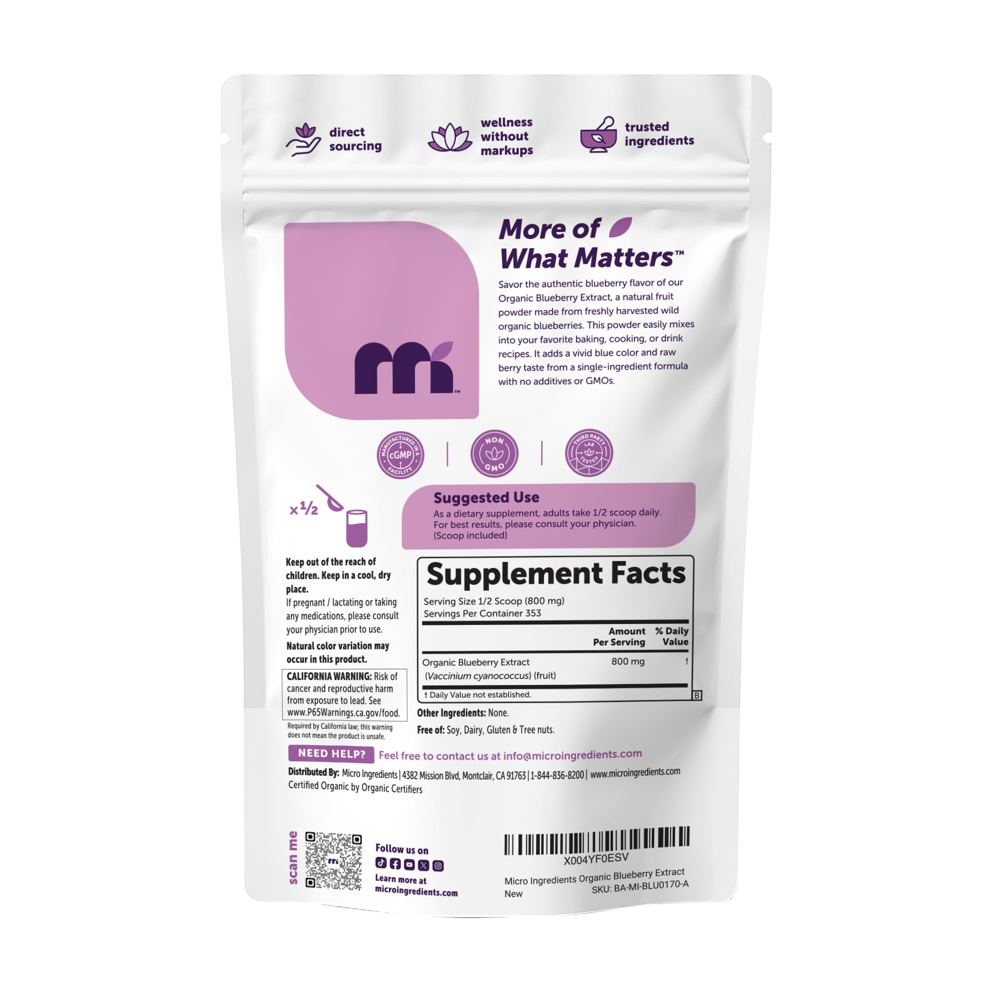 Micro Ingredients comparación de tamaño del envase junto a una mano
