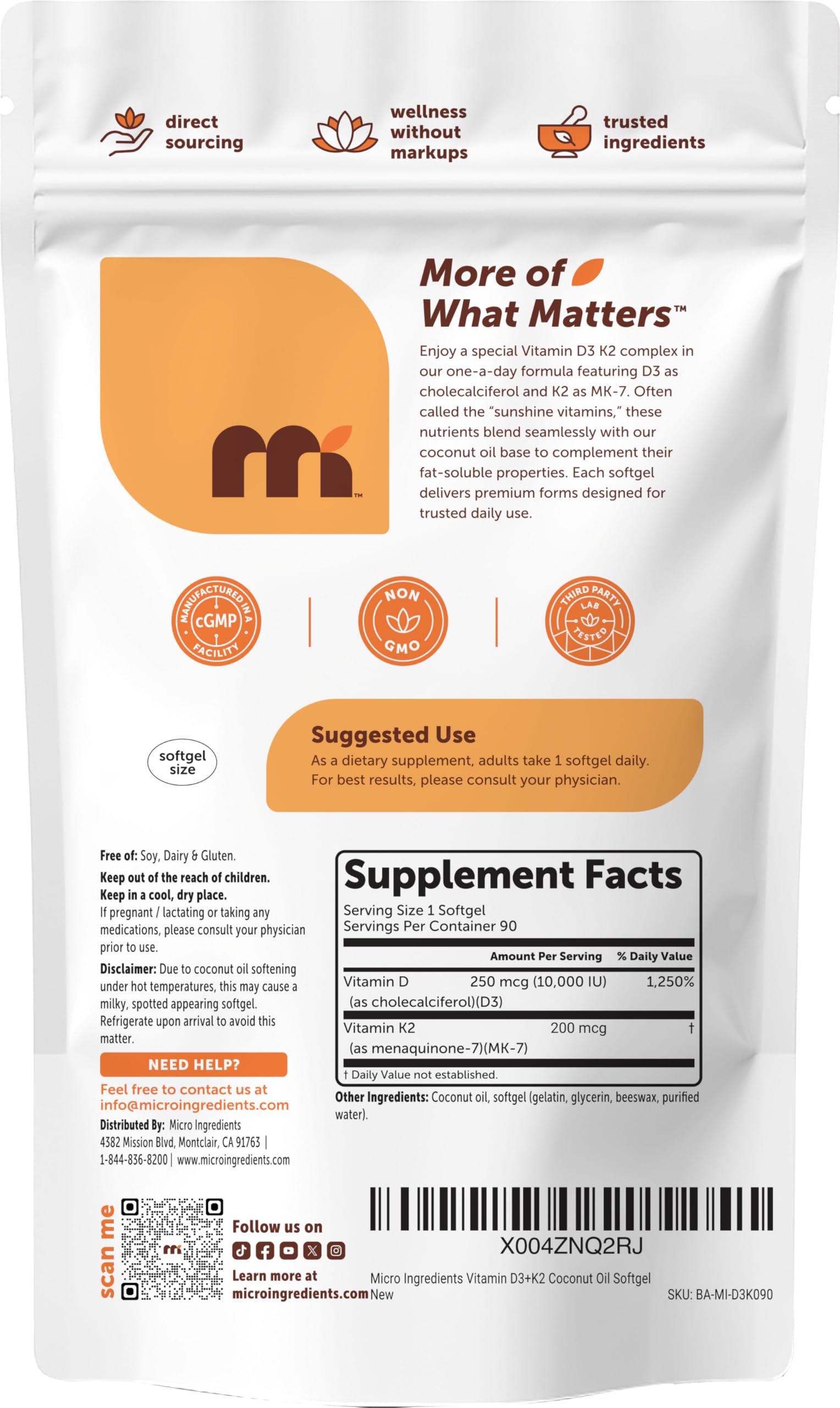 Micro Ingredients etiqueta nutricional visible con información de D3 y K2