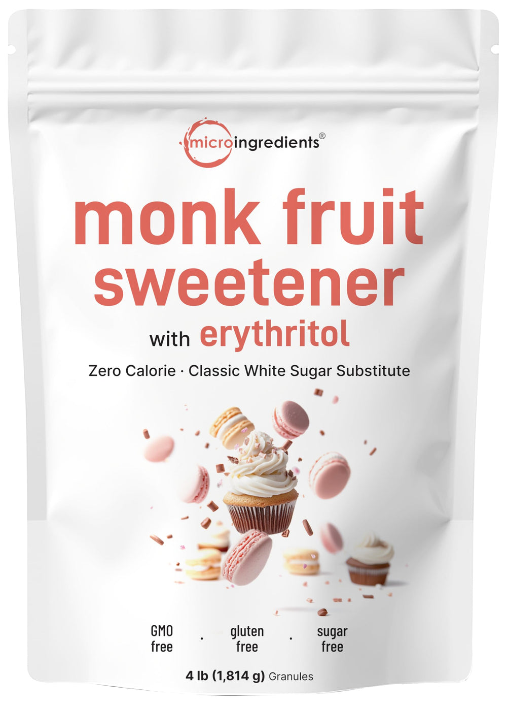 Micro Ingredients envase frontal de monk fruit con eritritol destaca etiqueta y beneficio sin calorías