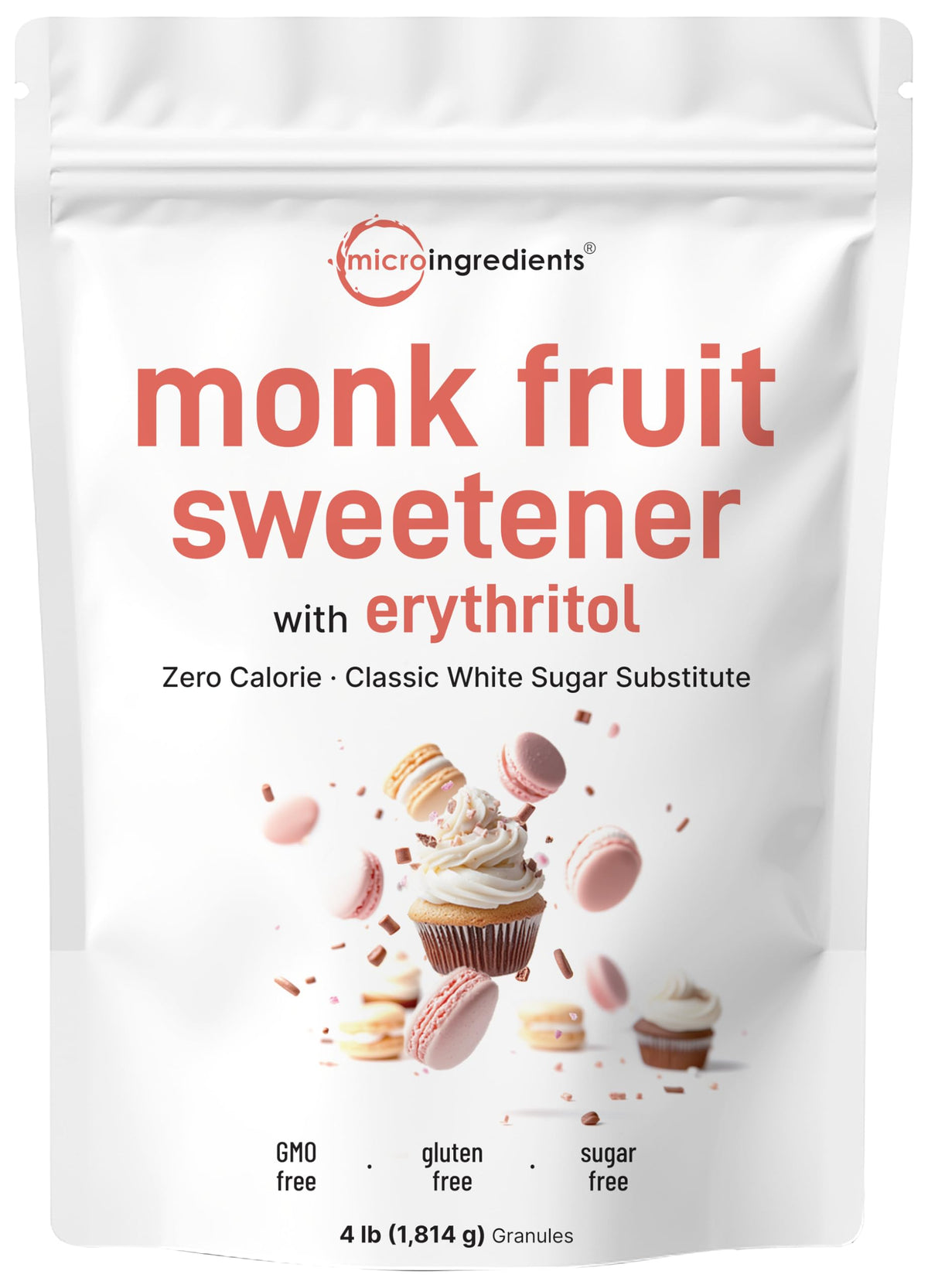 Micro Ingredients envase frontal de monk fruit con eritritol destaca etiqueta y beneficio sin calorías