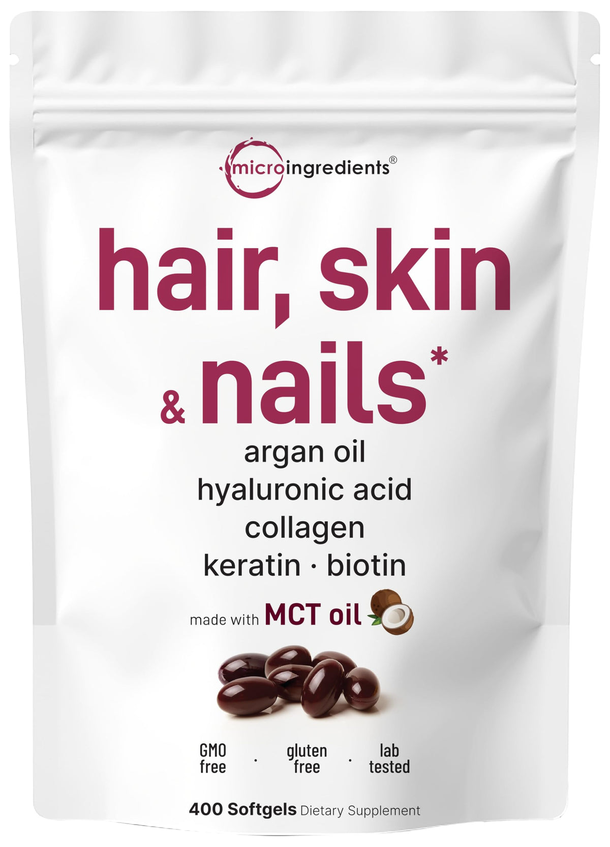 Micro Ingredients frasco frontal mostrando 400 softgels y suministro prolongado