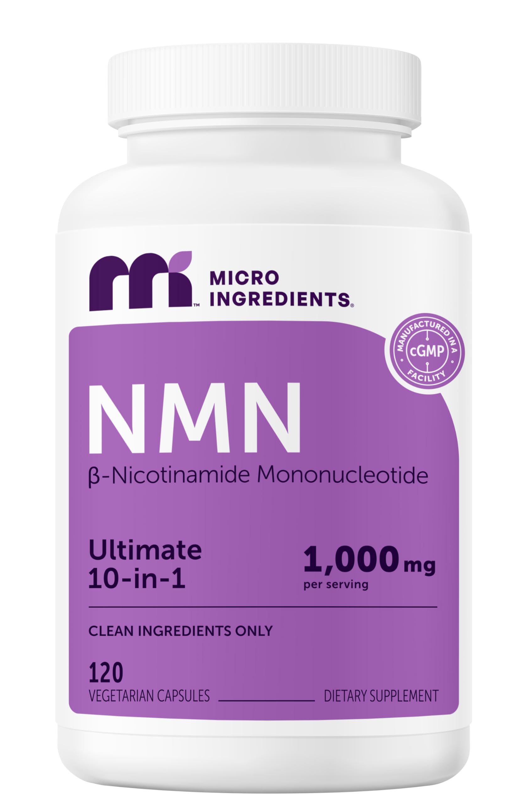 Micro Ingredients frasco frontal mostrando etiqueta y cápsulas claras