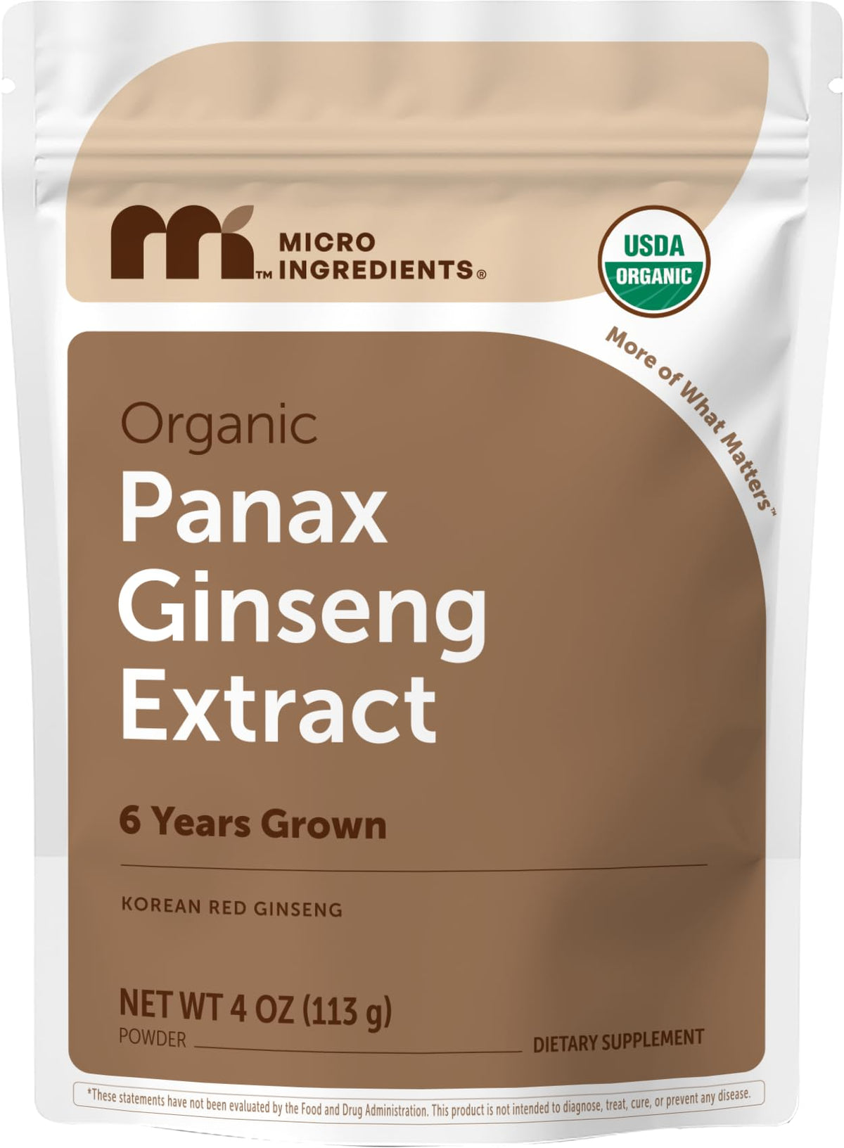 Micro Ingredients empaque frontal de ginseng rojo orgánico mostrando marca y cantidad