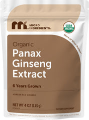 Micro Ingredients empaque frontal de ginseng rojo orgánico mostrando marca y cantidad