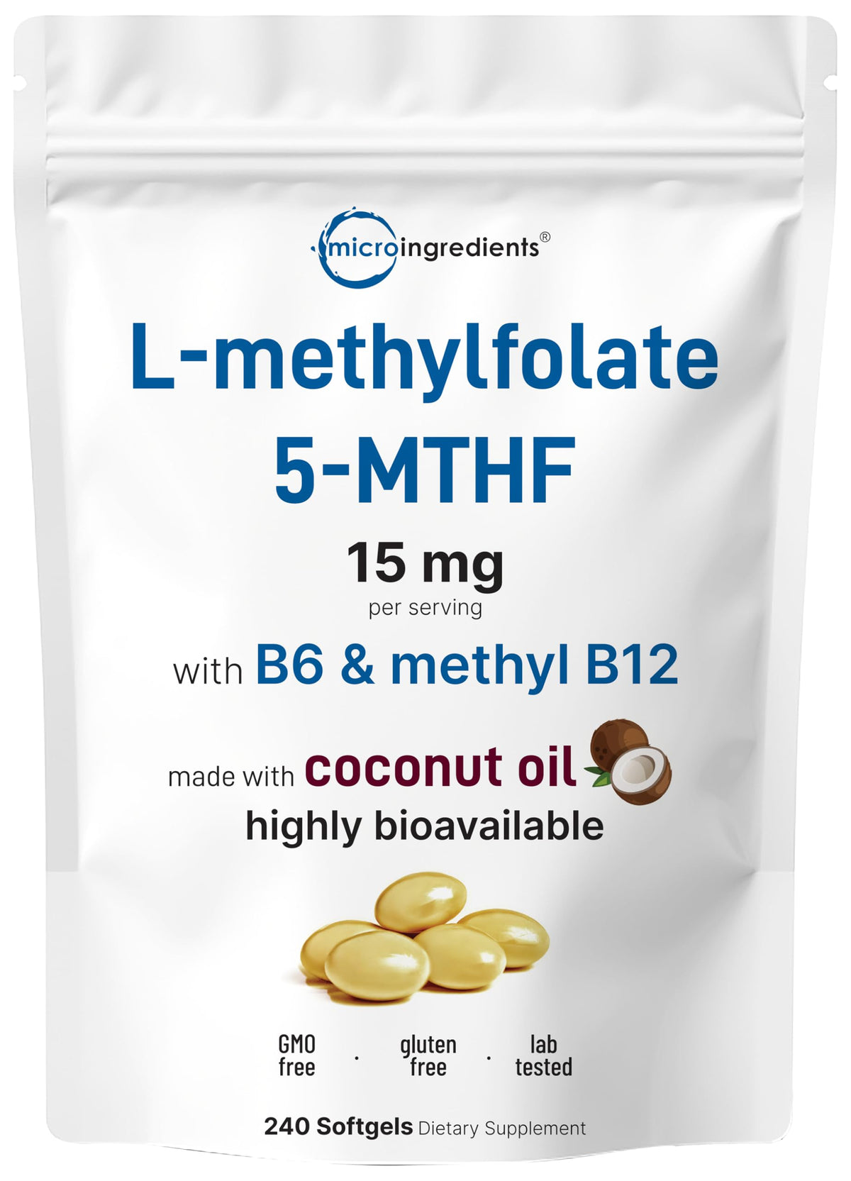 Micro Ingredients paquete frontal mostrando L‑Methylfolate y beneficios claros