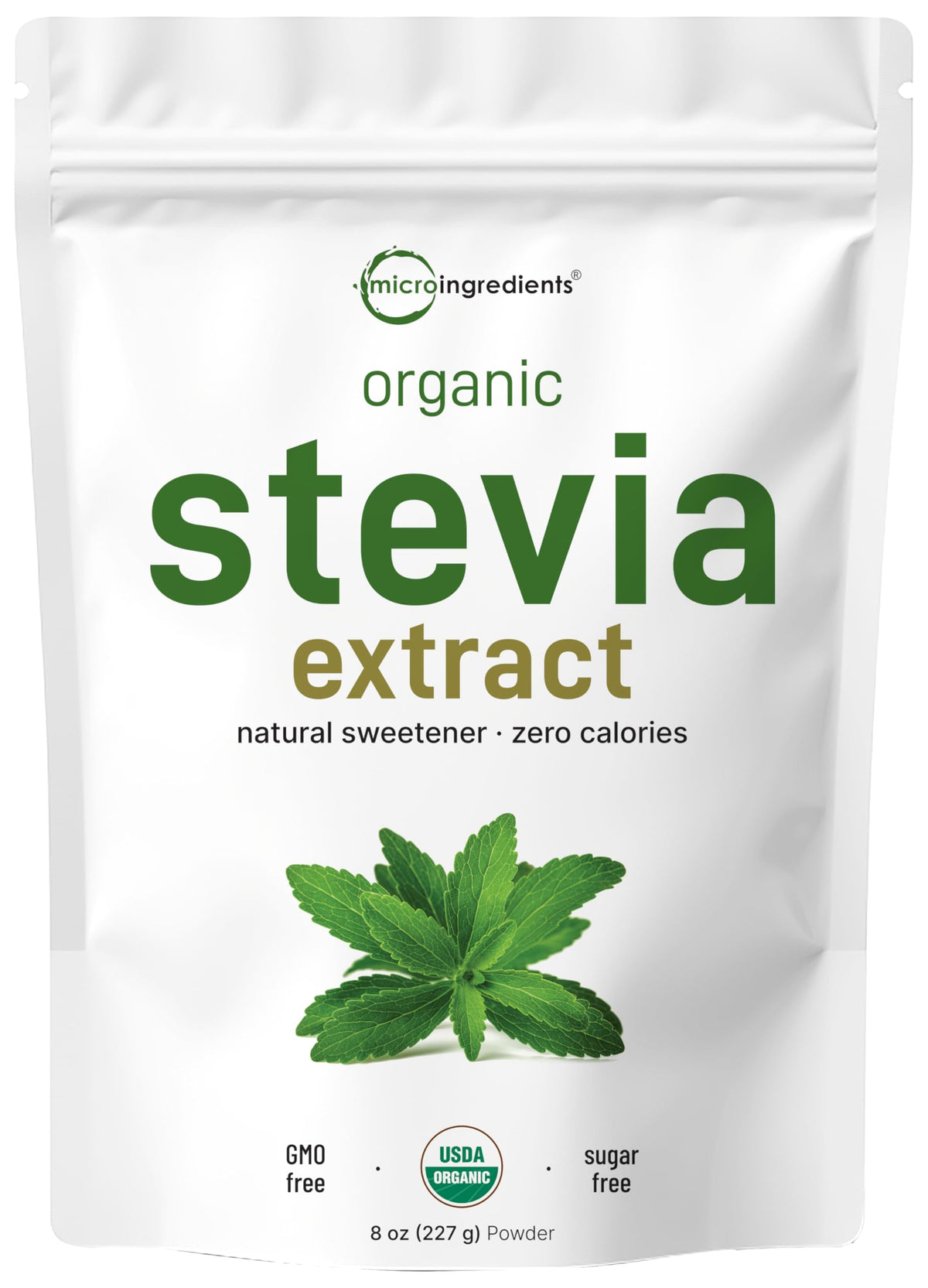 Micro Ingredients empaque frontal mostrando stevia orgánica y beneficio de pureza