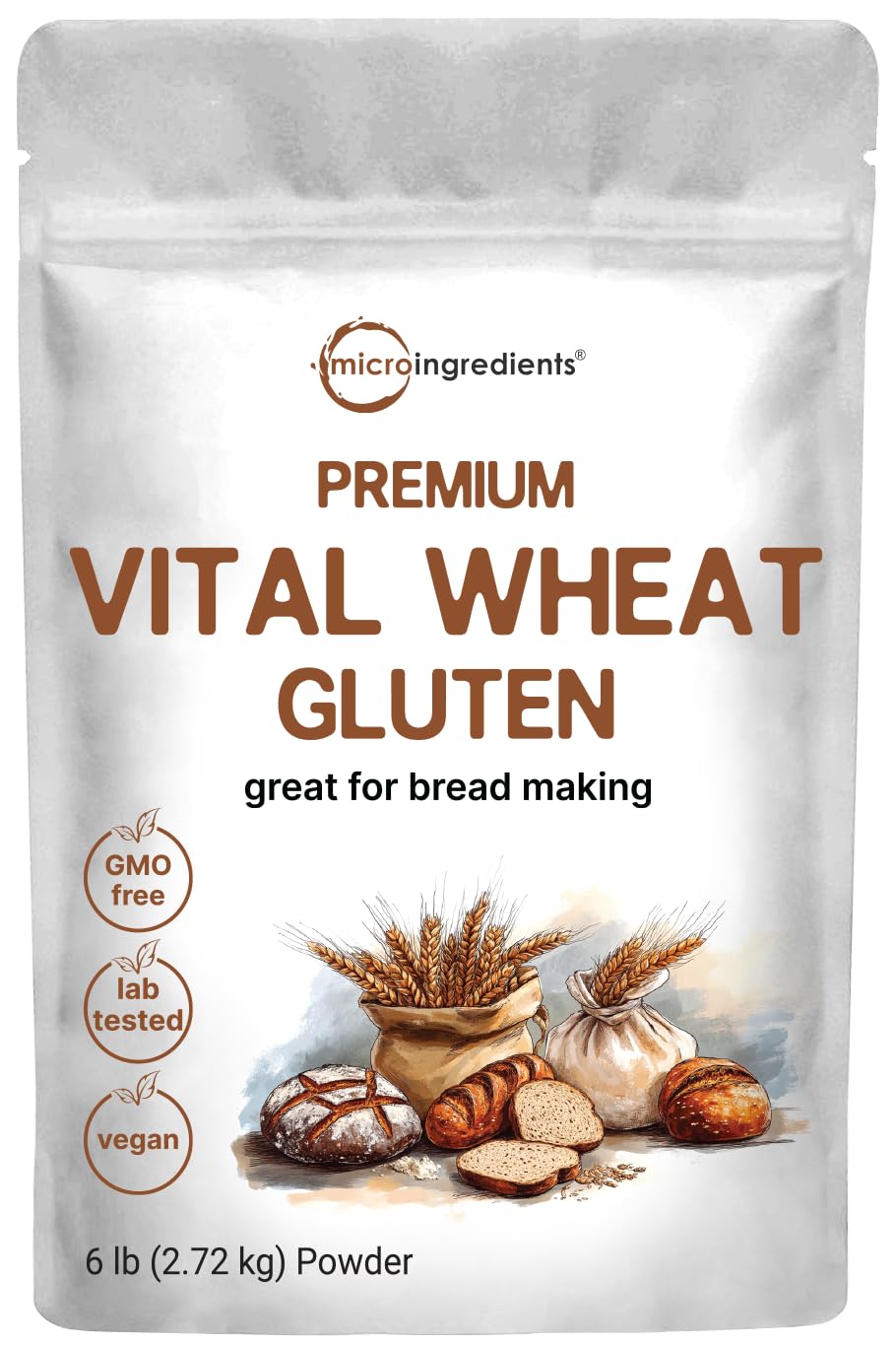 Micro Ingredients empaque frontal de gluten de trigo muestra tamaño y marca