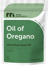 Micro Ingredients frasco frontal mostrando aceite de orégano y semilla negra, información clara