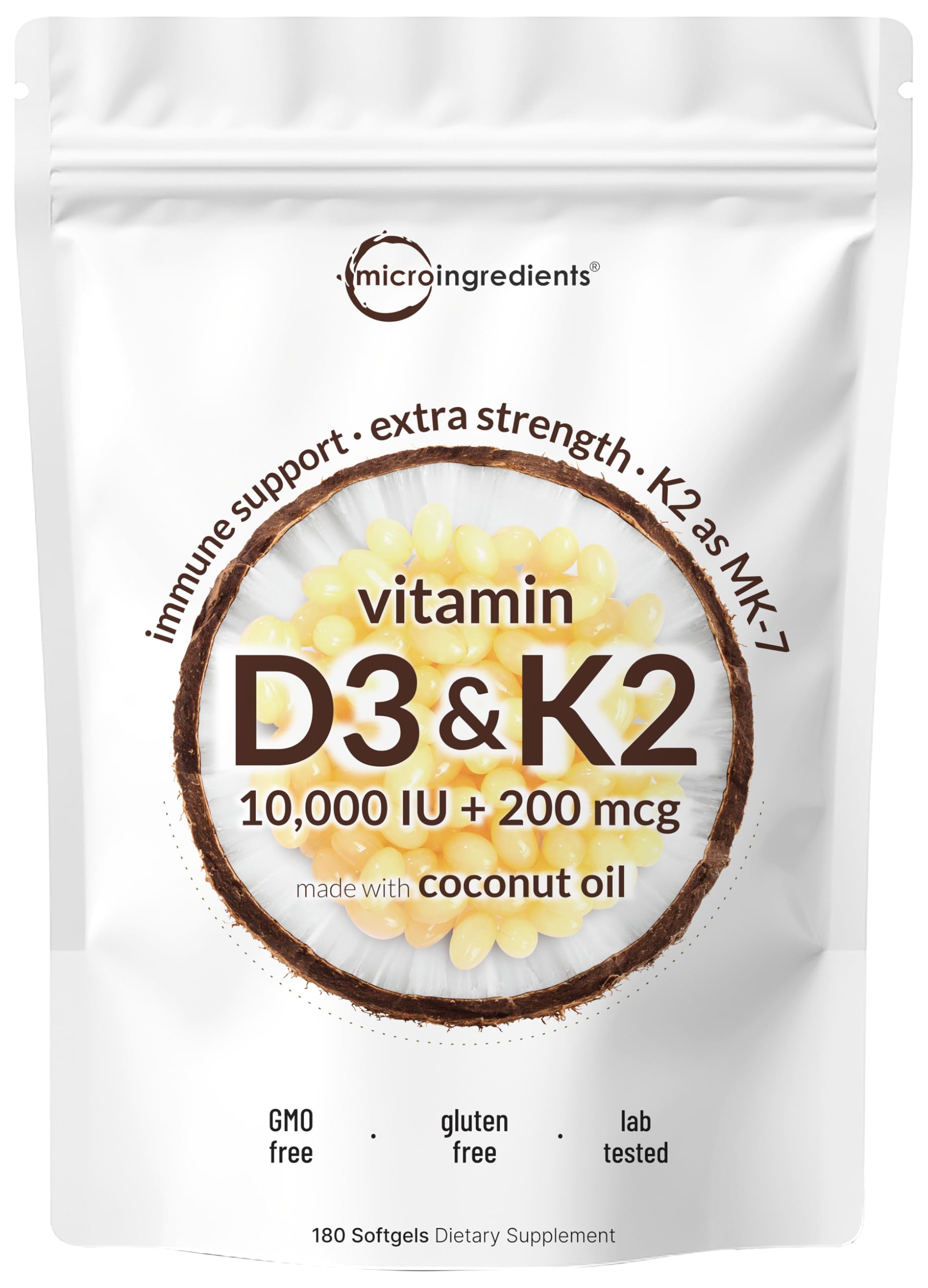 Micro Ingredients vista frontal del envase mostrando D3 K2 y dosis alta