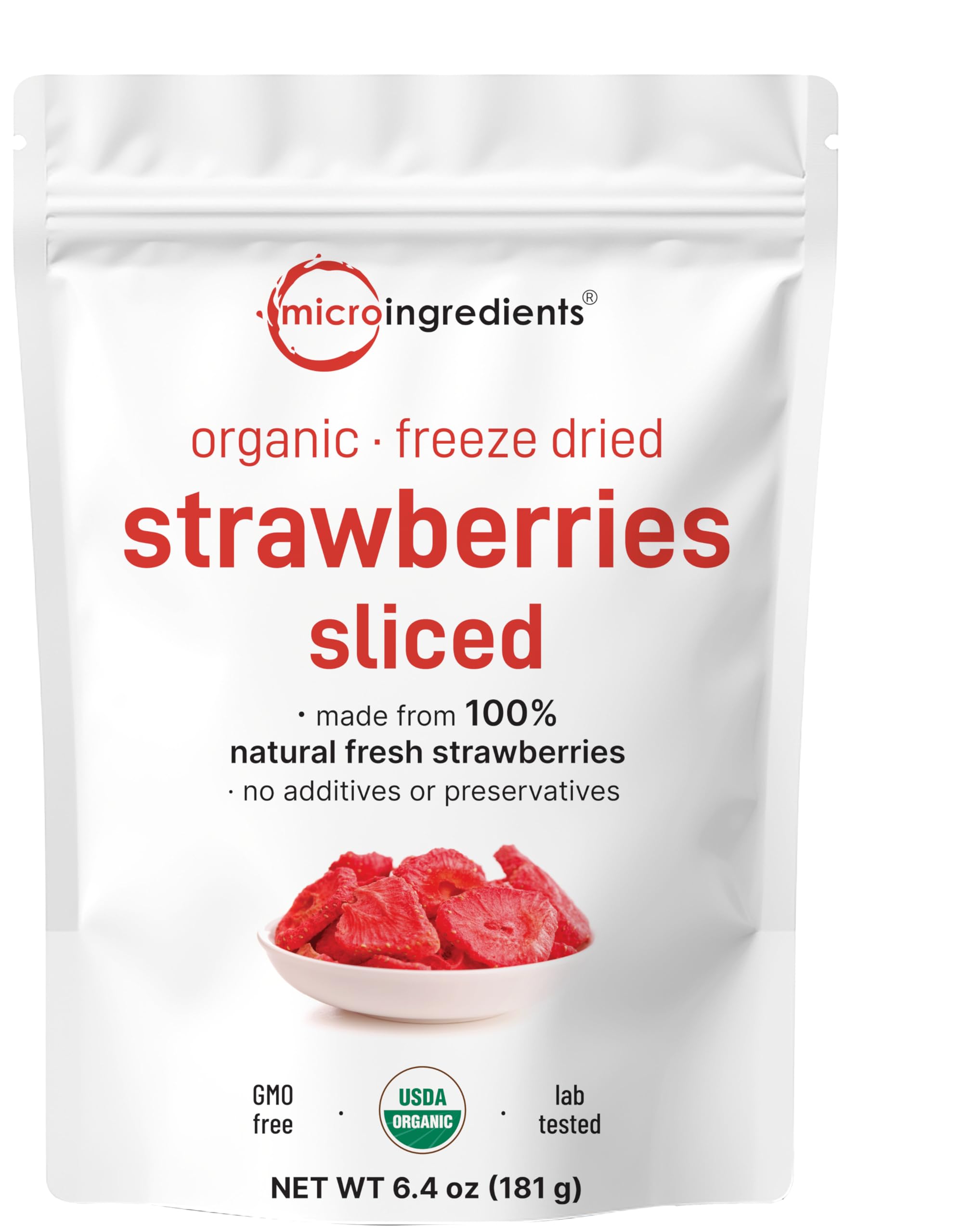 Micro Ingredients paquete frontal de fresas liofilizadas mostrando sello orgánico y tamaño