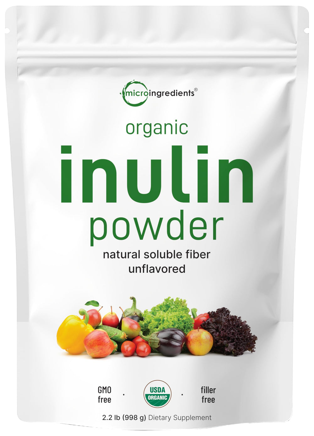 Micro Ingredients envase frontal mostrando inulina orgánica y etiqueta clara