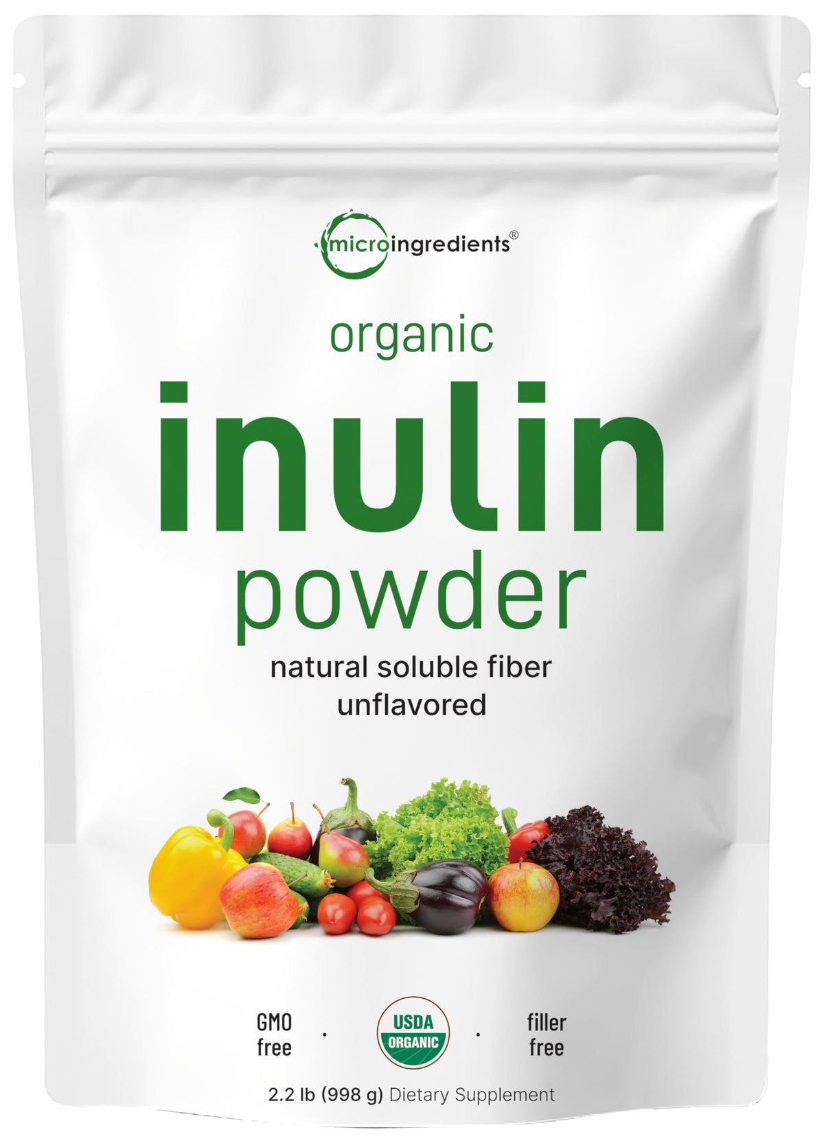 Micro Ingredients envase frontal mostrando inulina orgánica y etiqueta clara