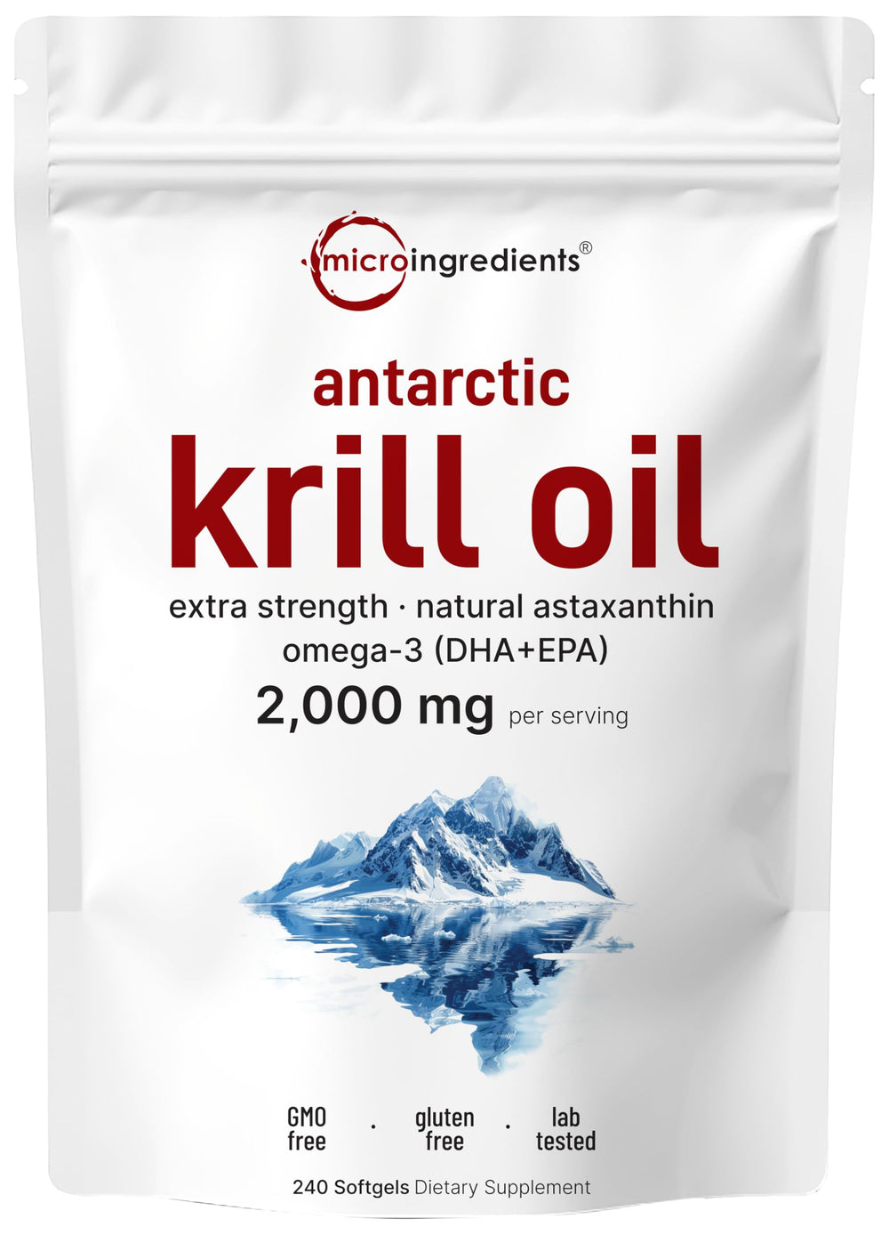 Micro Ingredients envase frontal del aceite de krill, presentación clara y profesional