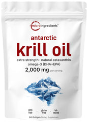 Micro Ingredients envase frontal del aceite de krill, presentación clara y profesional