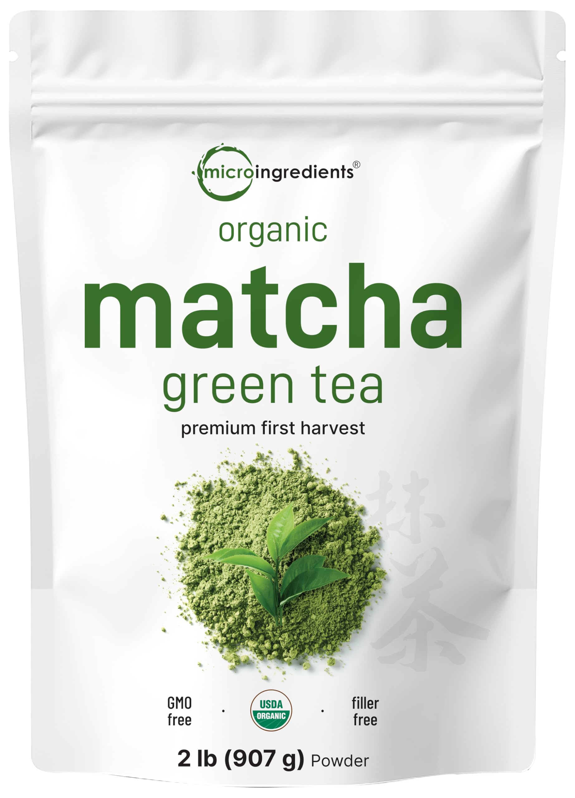 Micro Ingredients envase frontal de matcha orgánico mostrando etiqueta clara y cantidad