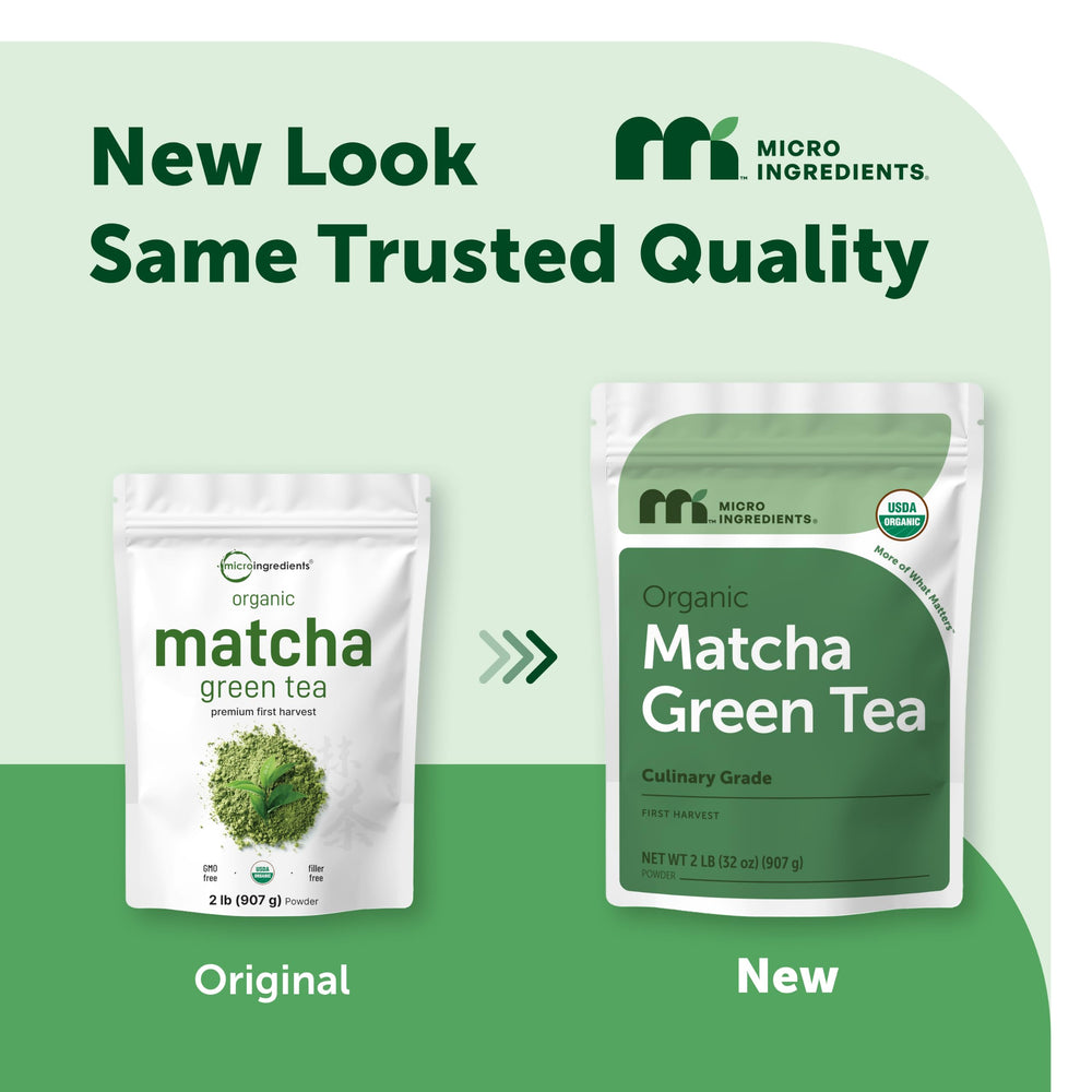 Micro Ingredients polvo matcha fino en primer plano, textura homogénea para mezclar