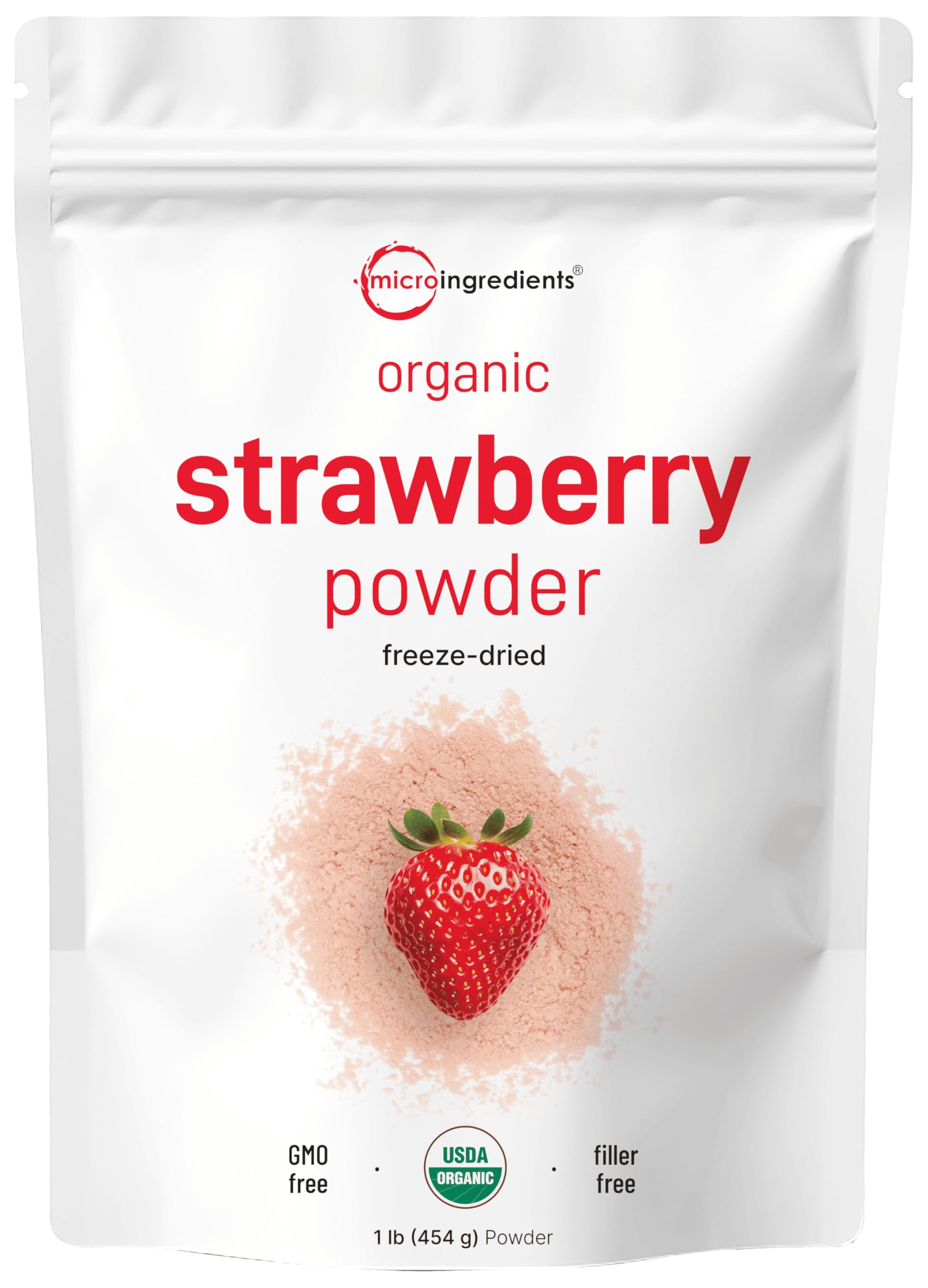 Micro Ingredients envase frontal de polvo de fresa mostrando etiqueta y beneficio práctico