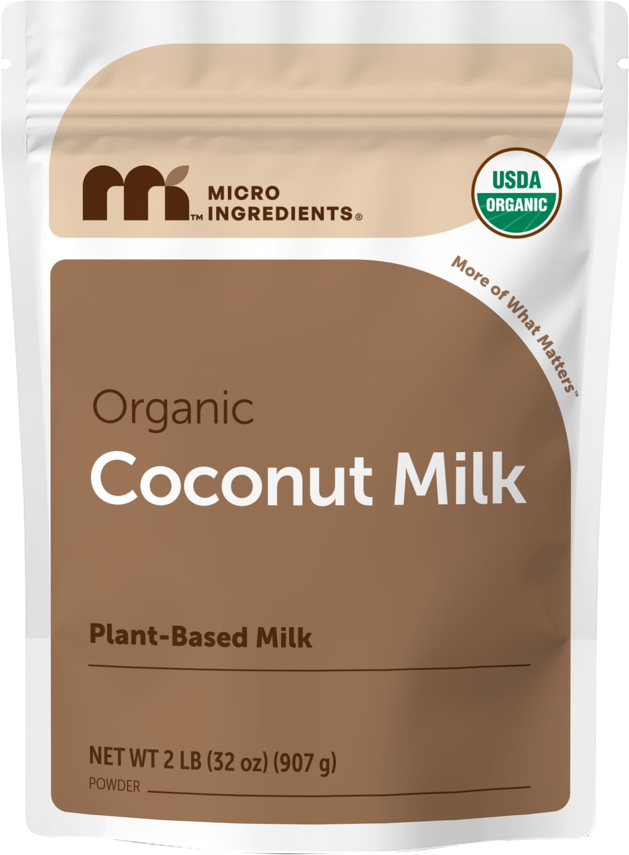 Micro Ingredients envase frontal del polvo de leche de coco con descripción visible y beneficio