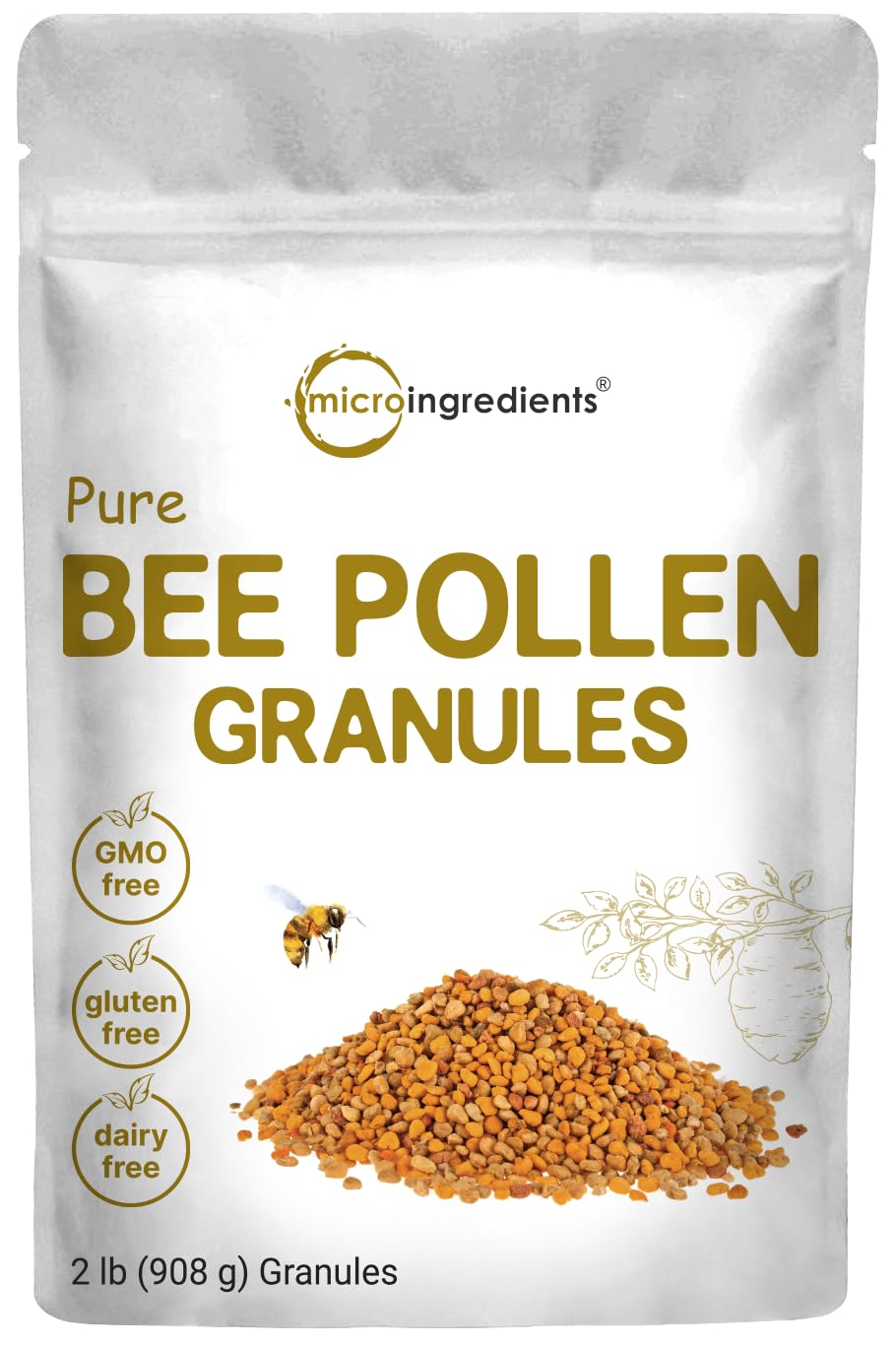 Micro Ingredients polen de abeja paquete frontal muestra tamaño y sello de calidad