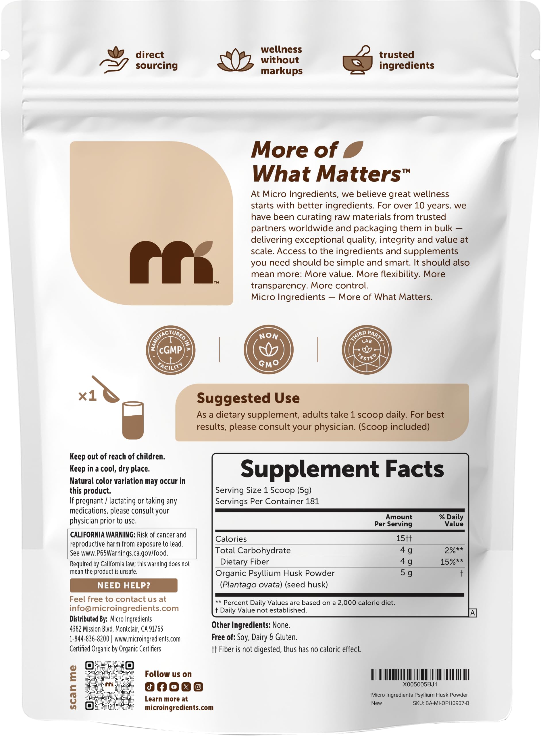 Micro Ingredients etiqueta con información nutricional y certificado orgánico
