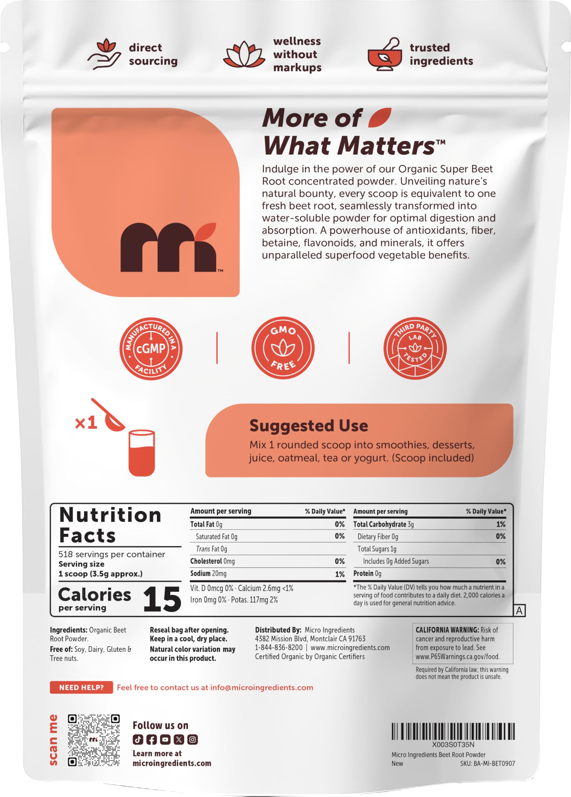 Micro Ingredients envase junto a una mano para comparar tamaño y rendimiento