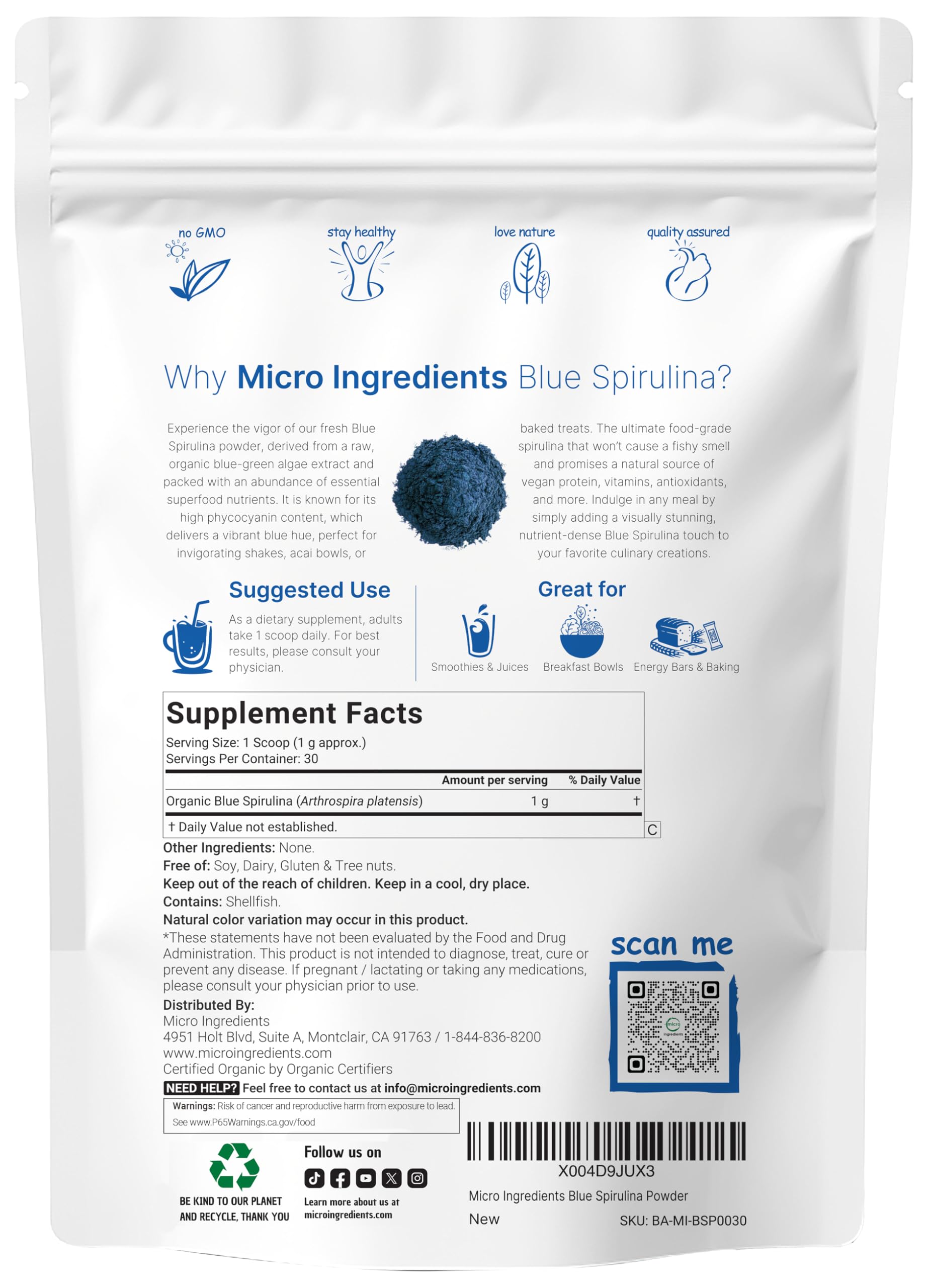Micro Ingredients textura fina del polvo azul en cuenco, pigmento concentrado