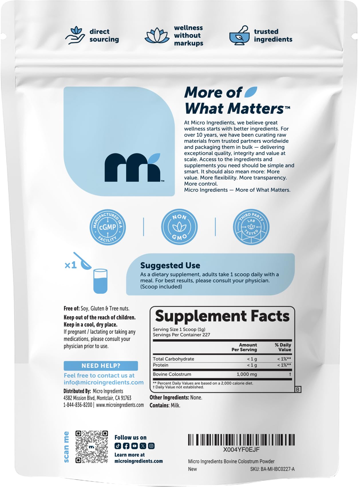 Micro Ingredients bolsa junto a manos para mostrar tamaño y porciones