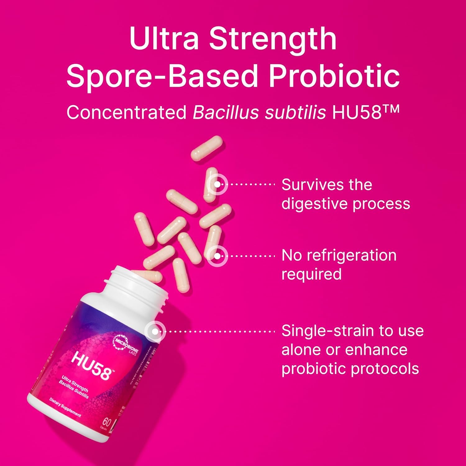 Microbiome Labs HU58 cápsulas en mano mostrando facilidad de uso