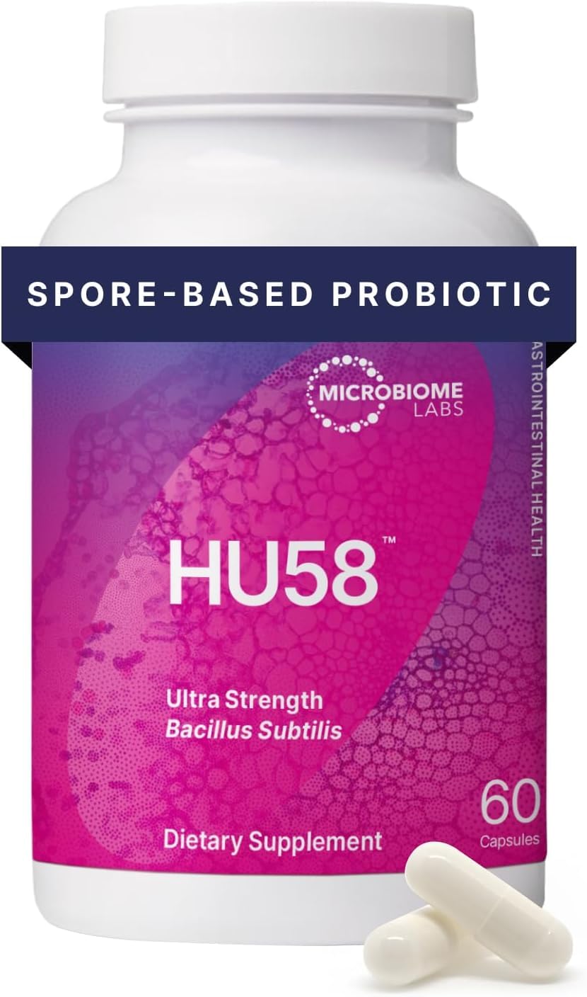 Microbiome Labs HU58 vista frontal del envase y beneficio de estabilidad