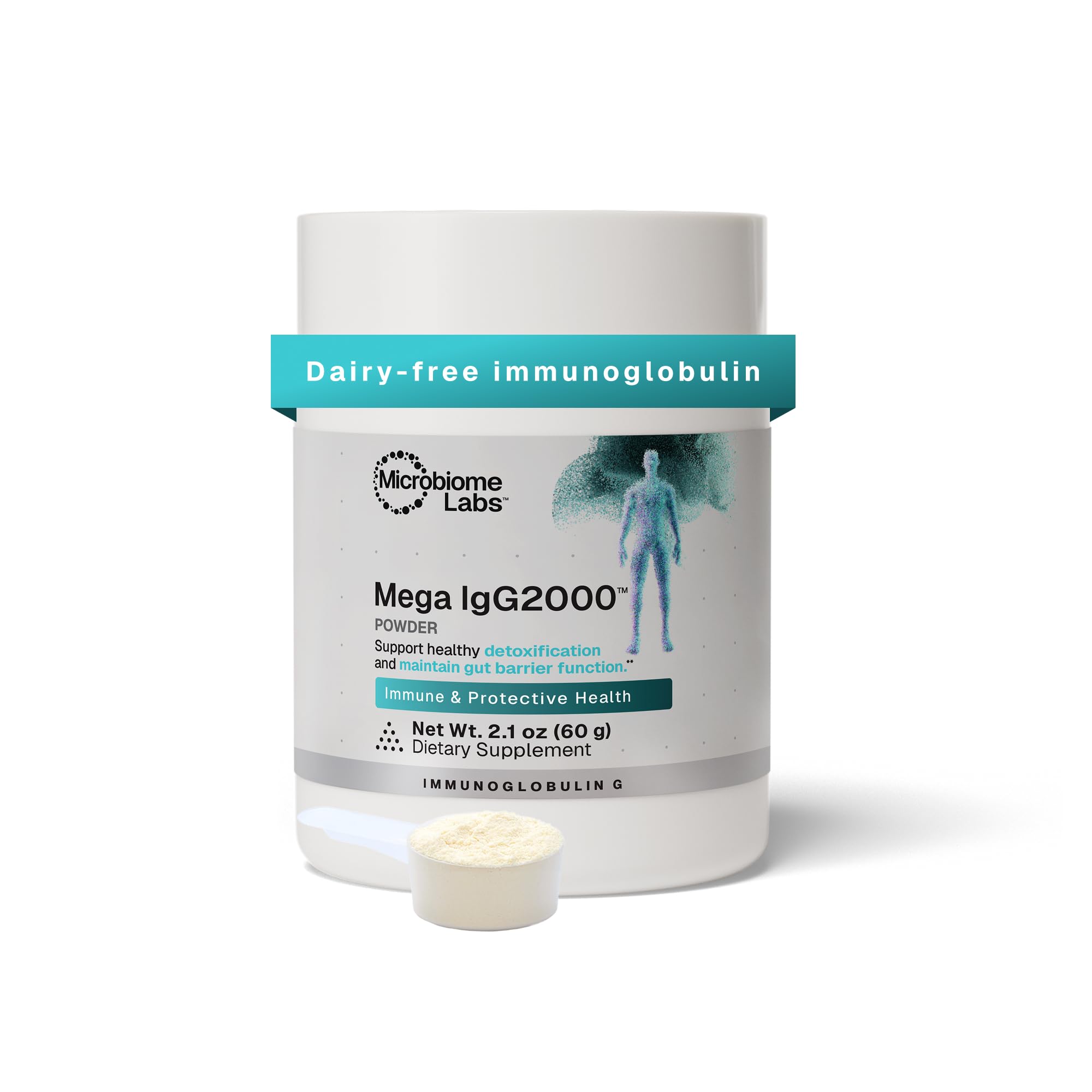 Microbiome Labs vista frontal del envase mostrando la marca y beneficio