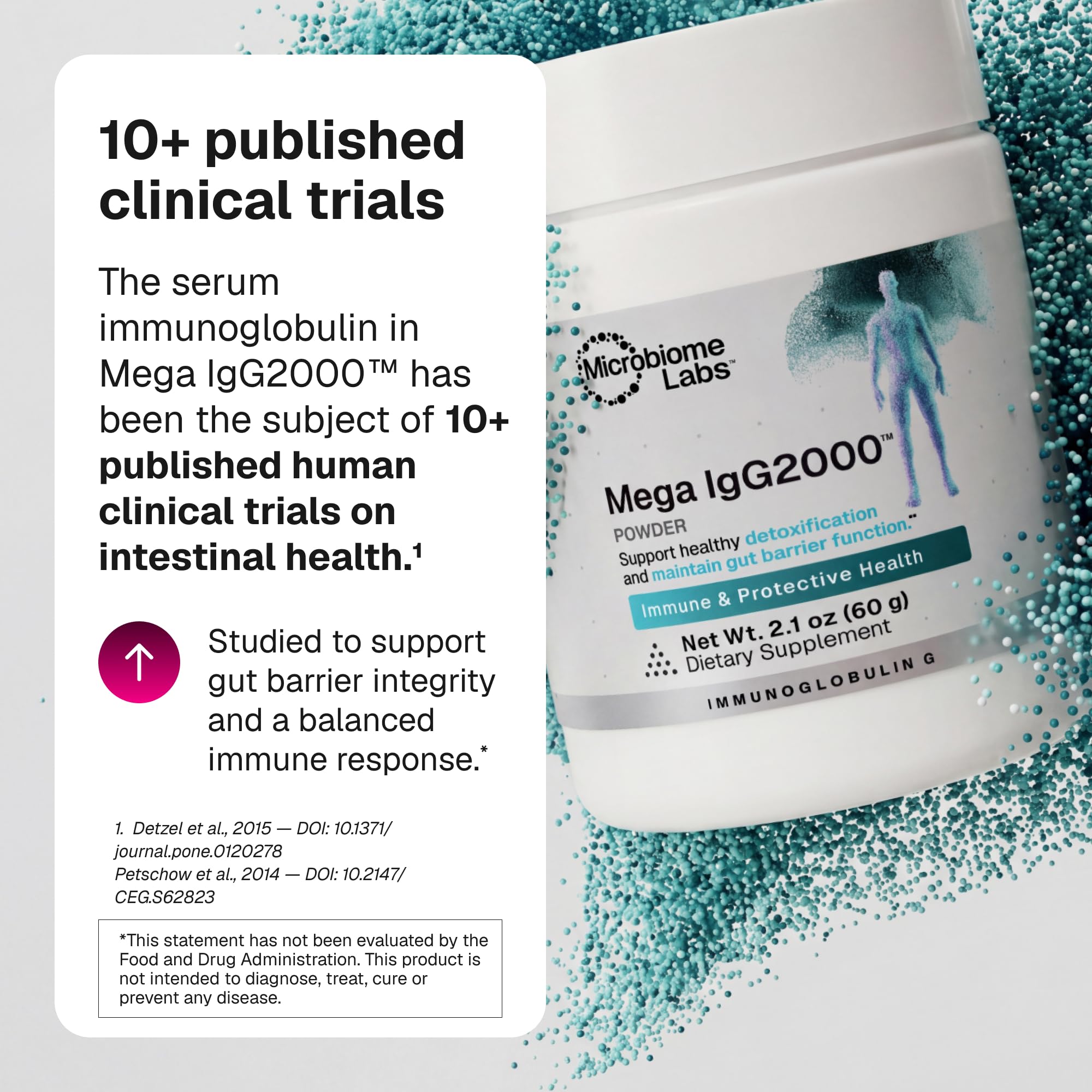 Microbiome Labs frasco junto a regla mostrando tamaño y porción portátil