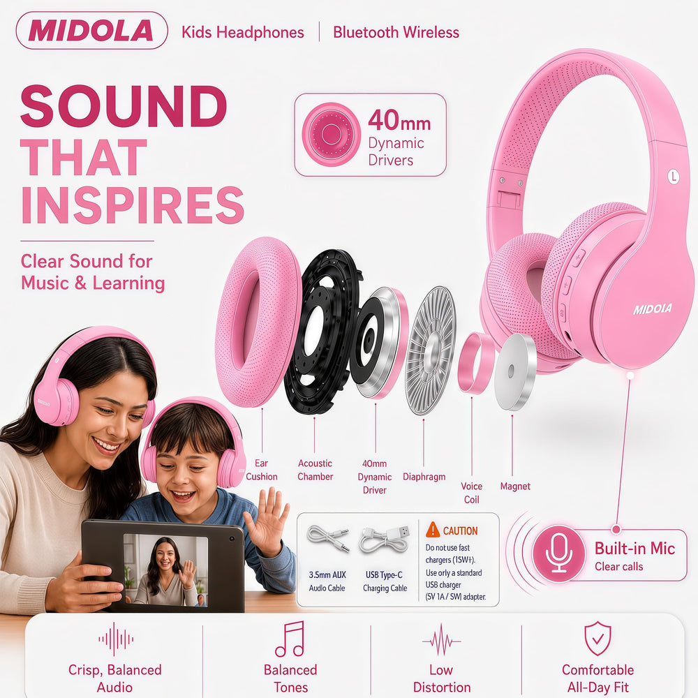 MIDOLA niña usando auriculares en viaje con conectividad Bluetooth fiable
