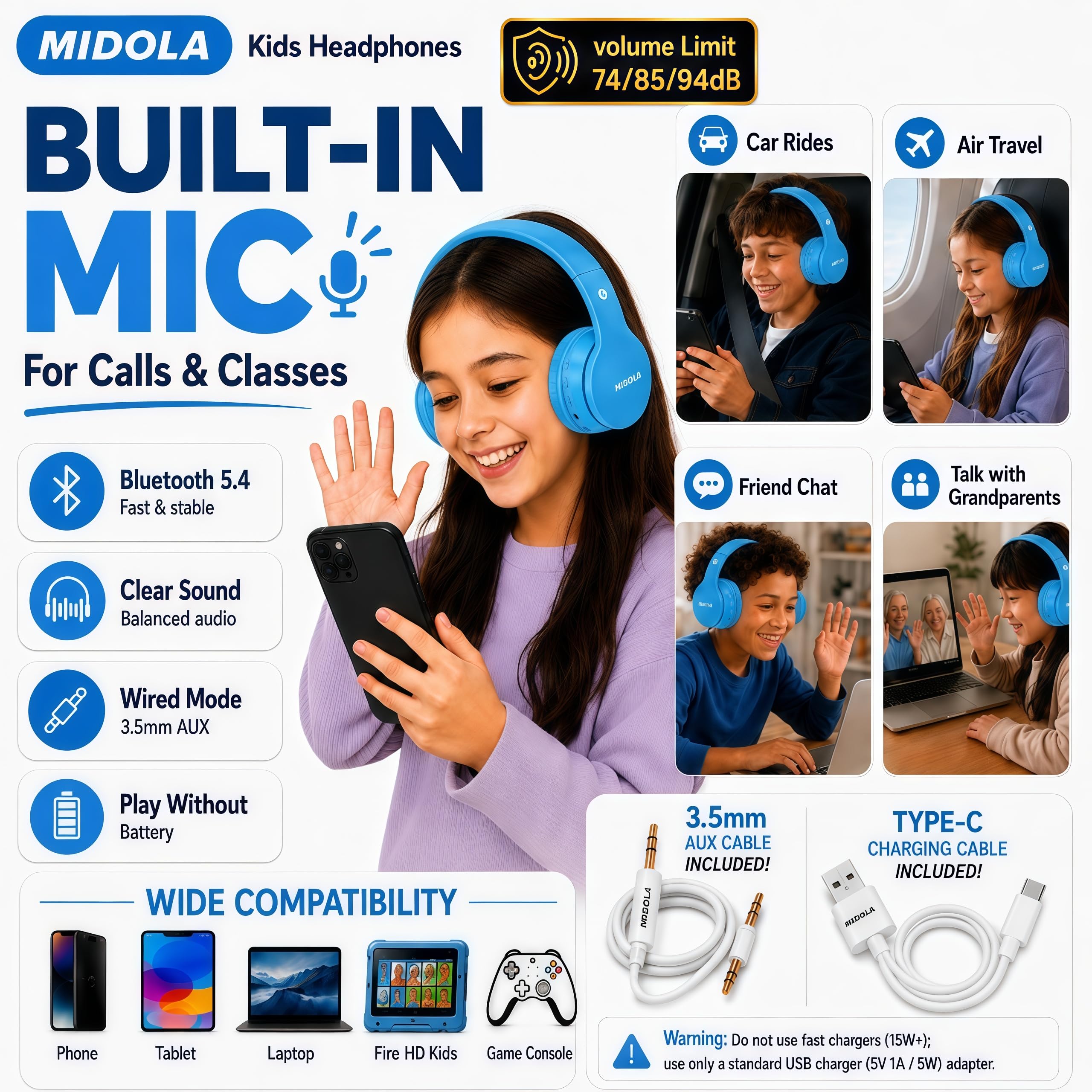 MIDOLA conexión AUX 3,5 mm para uso por cable sin batería