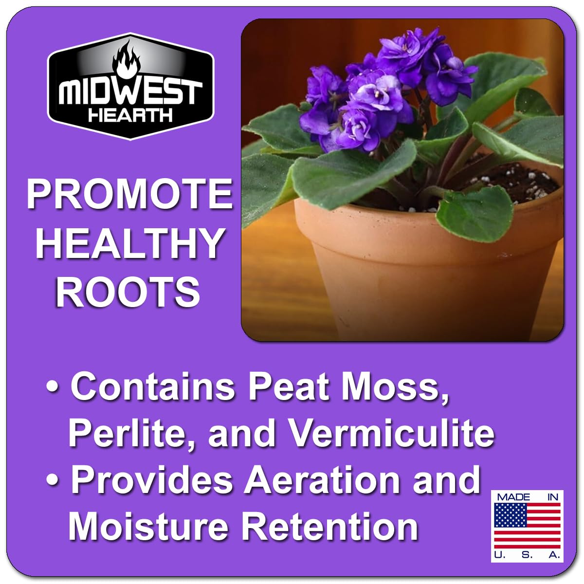 Midwest Hearth mezcla en maceta con violeta africana promoviendo crecimiento sano