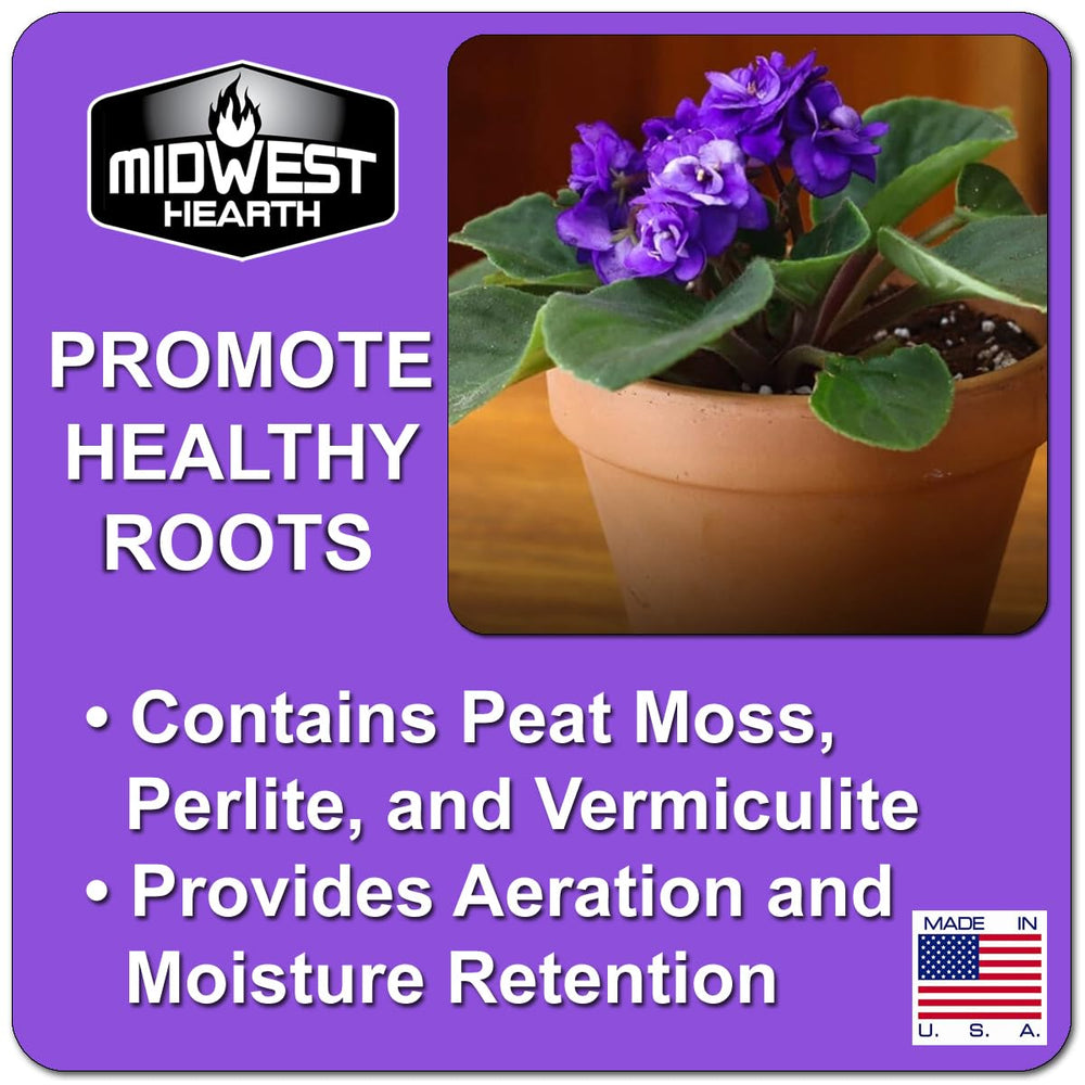 Midwest Hearth mezcla en maceta con violeta africana promoviendo crecimiento sano