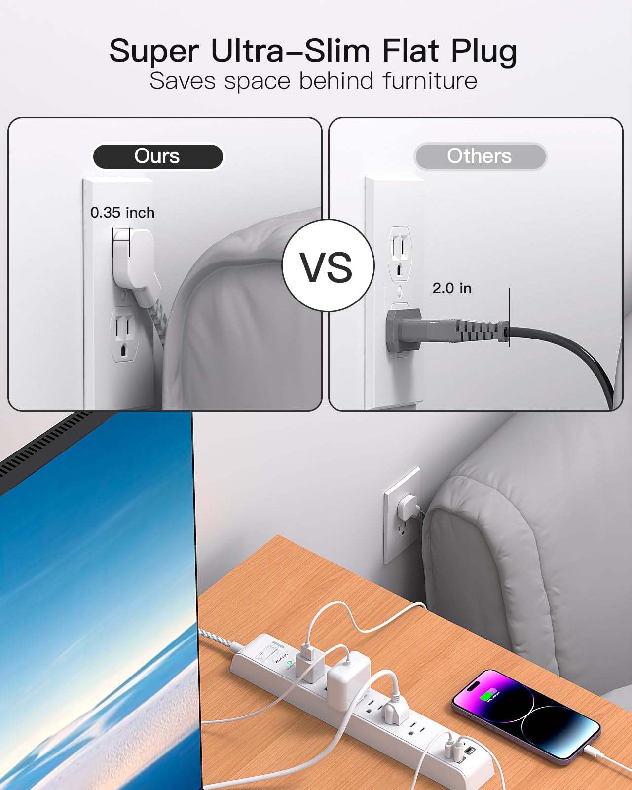 Mifaso primer plano de puertos USB-C y USB-A que facilita cargas rápidas y ordenadas