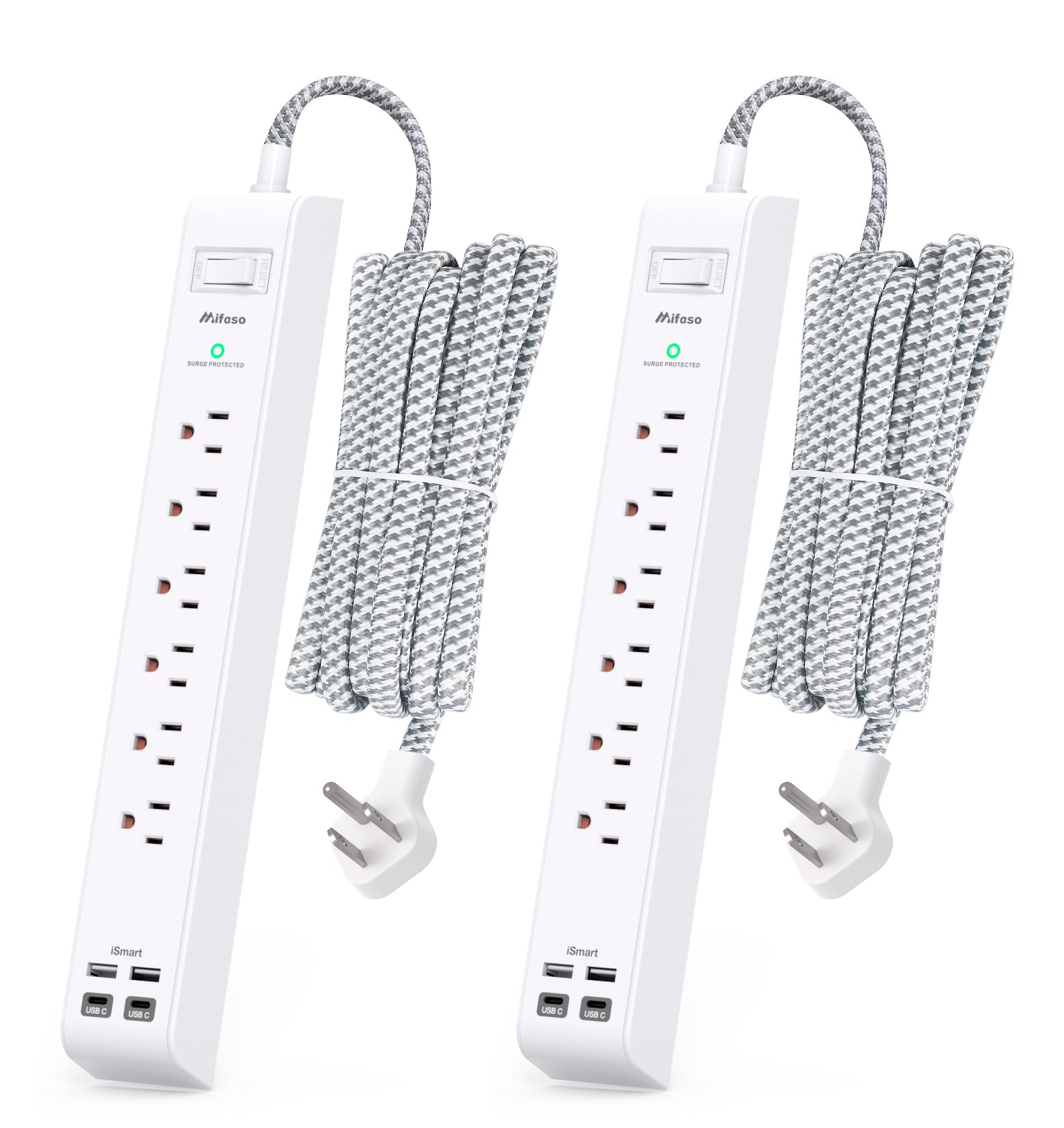 Mifaso regleta frontal pack mostrando seis tomas AC y cuatro puertos USB para múltiples dispositivos