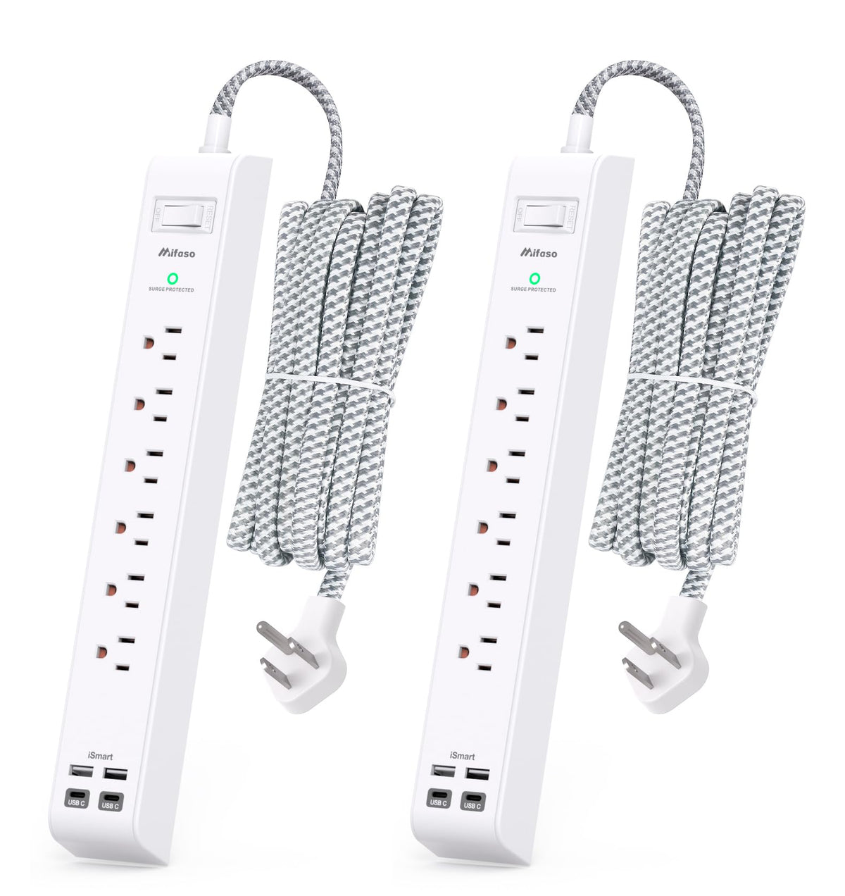 Mifaso regleta frontal pack mostrando seis tomas AC y cuatro puertos USB para múltiples dispositivos
