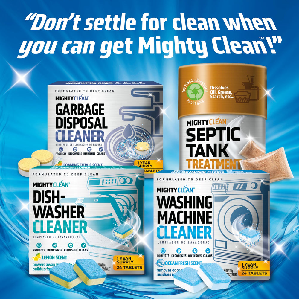 MIGHTY CLEAN caja abierta con 24 pastillas listos para mantenimiento anual