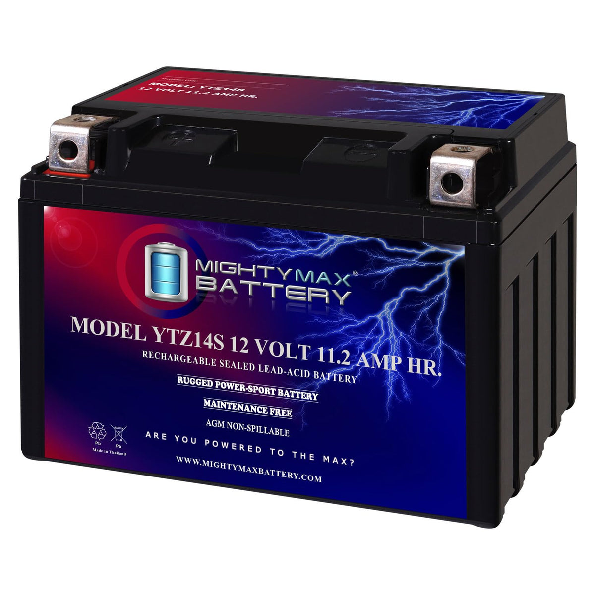 Mighty Max Battery YTZ14S vista frontal mostrando forma compacta y cierre sellado
