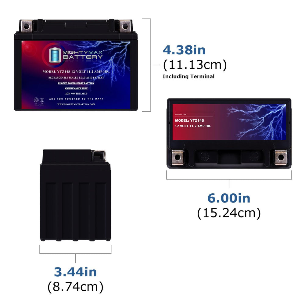 Mighty Max Battery YTZ14S lateral con dimensiones para comprobar ajuste en compartimento