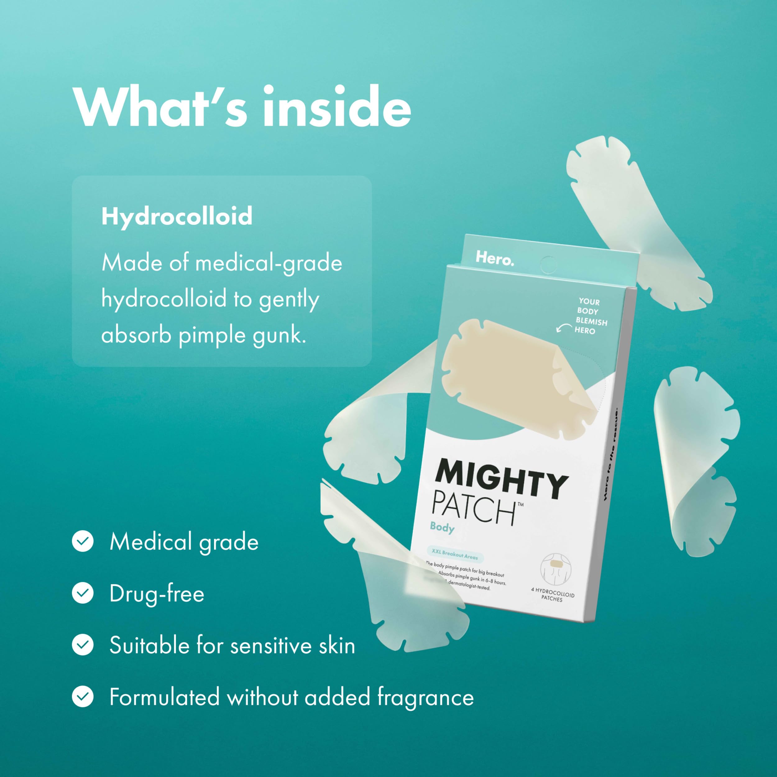 Mighty Patch empaque abierto con cuatro parches listos para usar