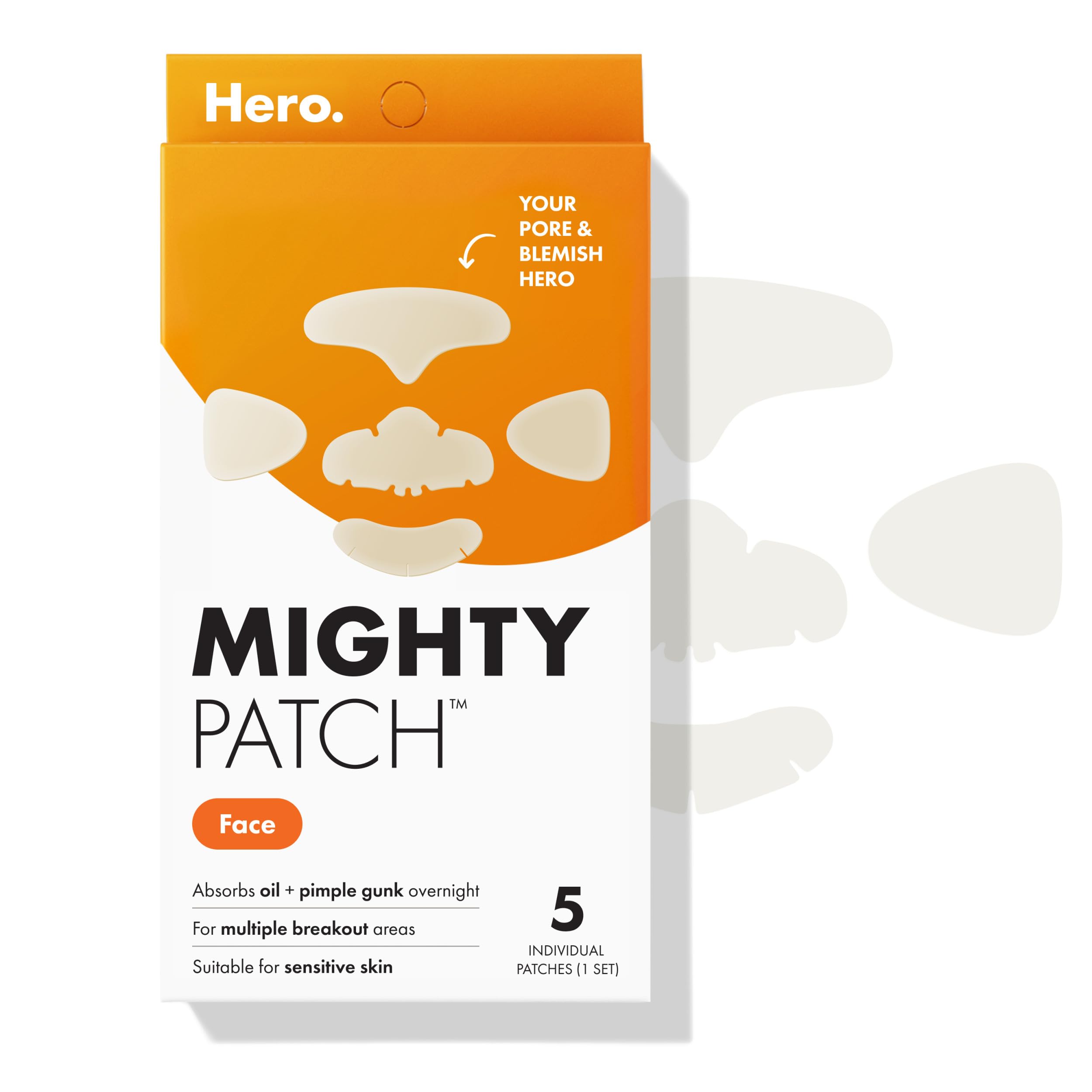 Mighty Patch empaque frontal mostrando cinco parches y beneficio cobertura amplia