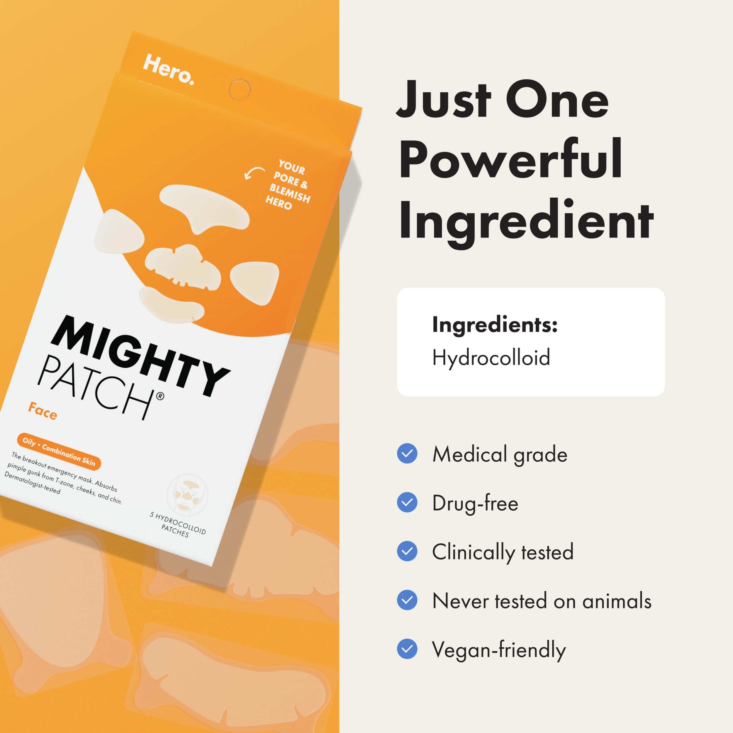 Mighty Patch etiqueta con información de hidrocoloide médico y seguridad
