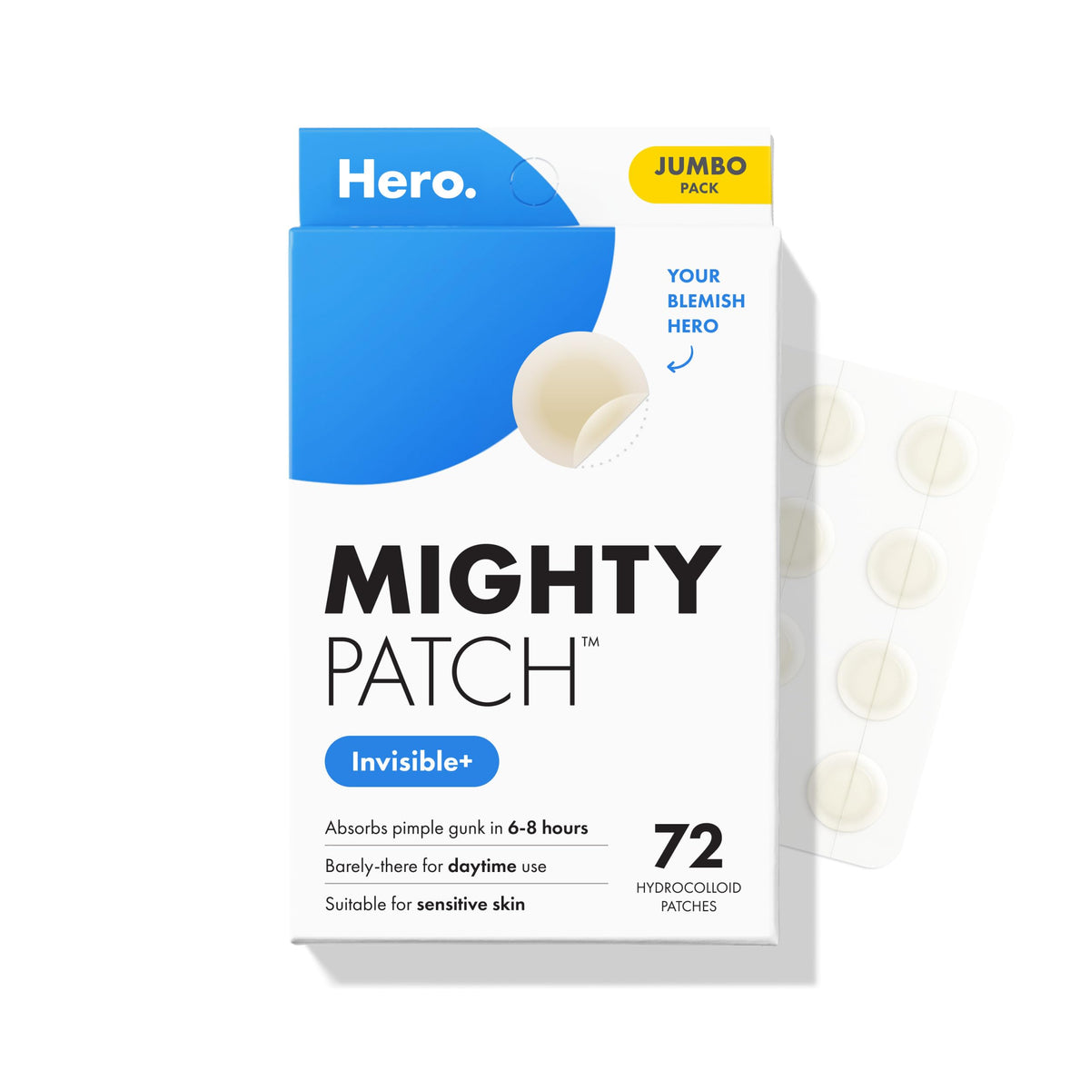 Mighty Patch empaque frontal mostrando el diseño y cantidad 72 uds, discreción