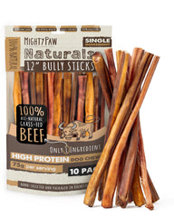 Mighty Paw paquete frontal mostrando 10 bully sticks, natural y sin aditivos