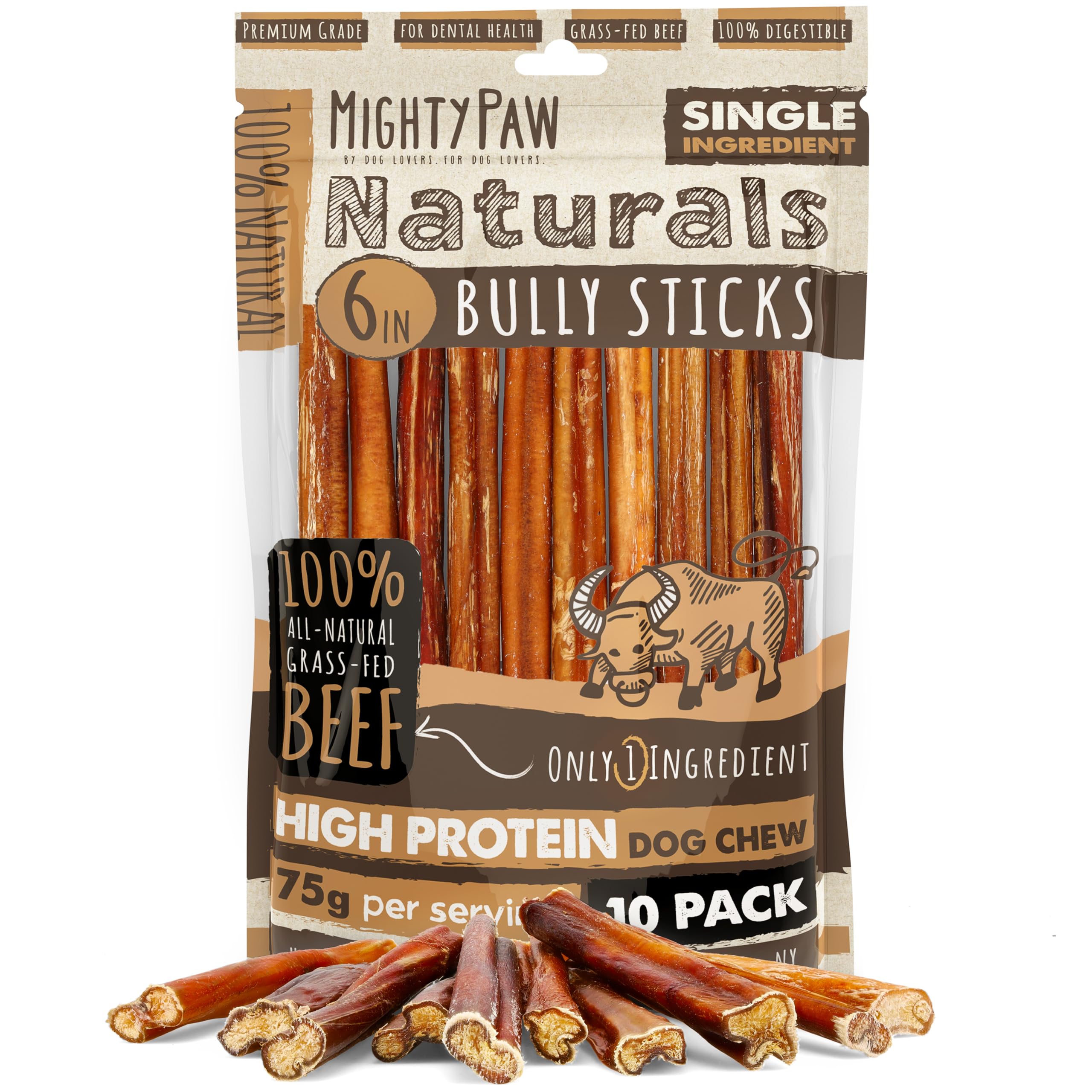 Mighty Paw empaque frontal mostrando 10 bully sticks y beneficio natural