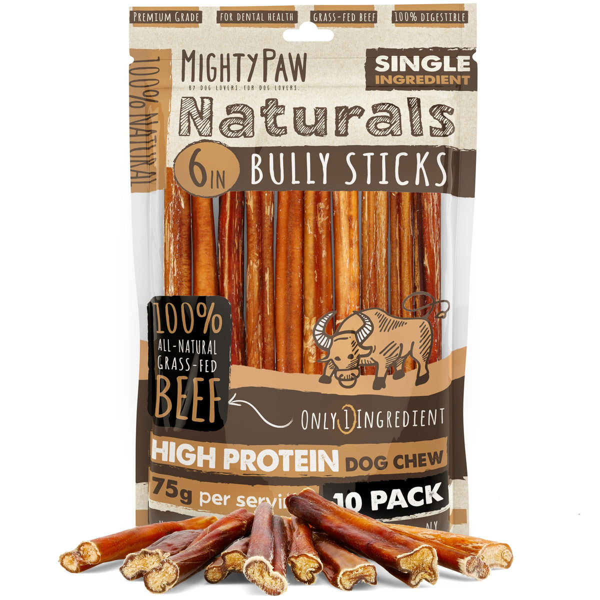 Mighty Paw empaque frontal mostrando 10 bully sticks y beneficio natural