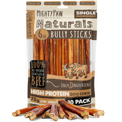 Mighty Paw empaque frontal mostrando 10 bully sticks y beneficio natural
