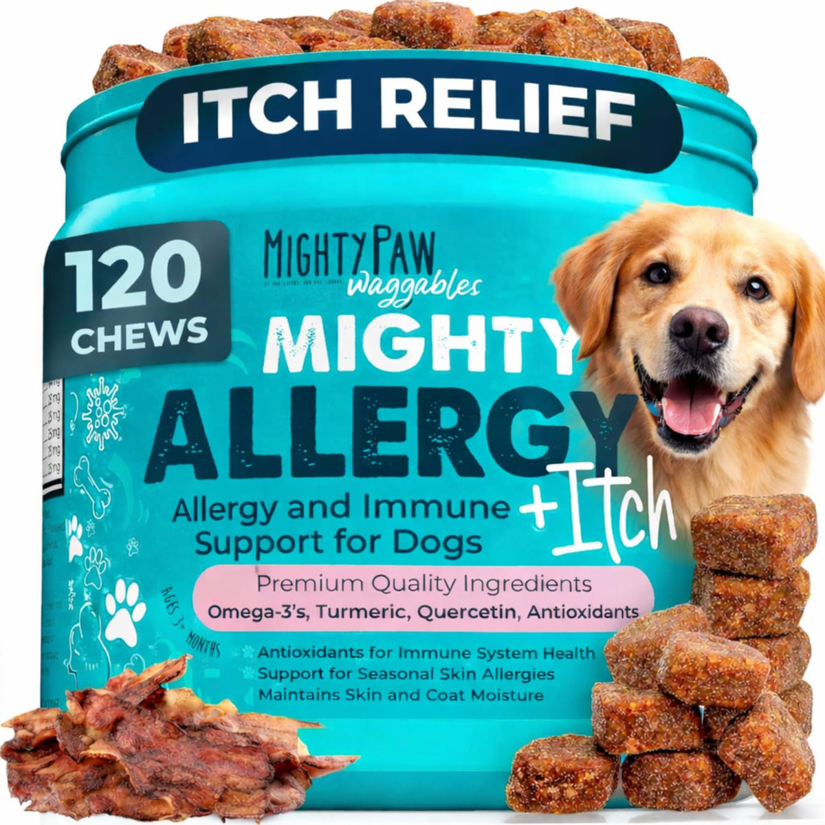 Mighty Paw frente del envase mostrando 120 masticables y beneficios